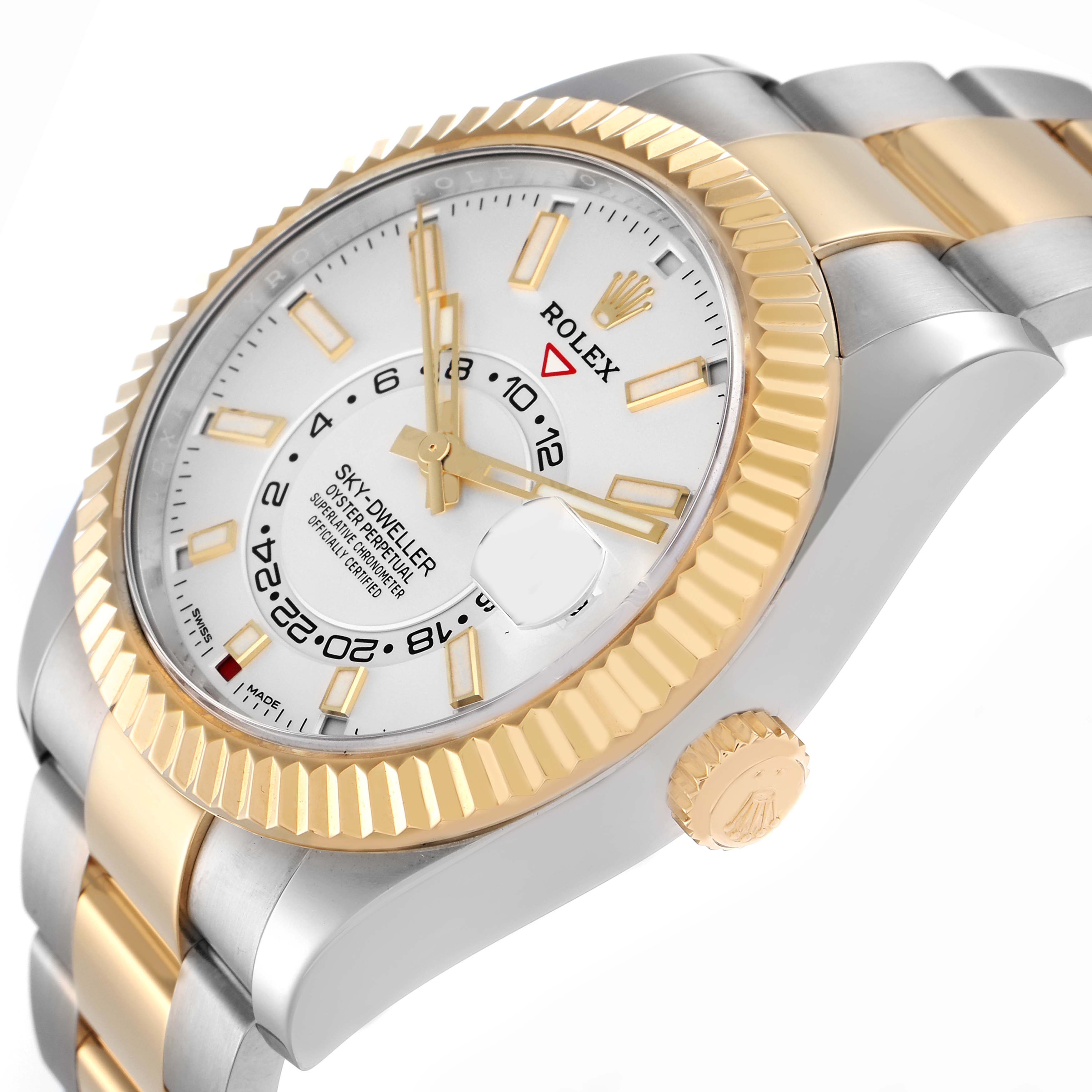 The image shows a Rolex Sky-Dweller model 326933 from a side angle, highlighting the bezel, dial, crown, and part of the two-tone bracelet.