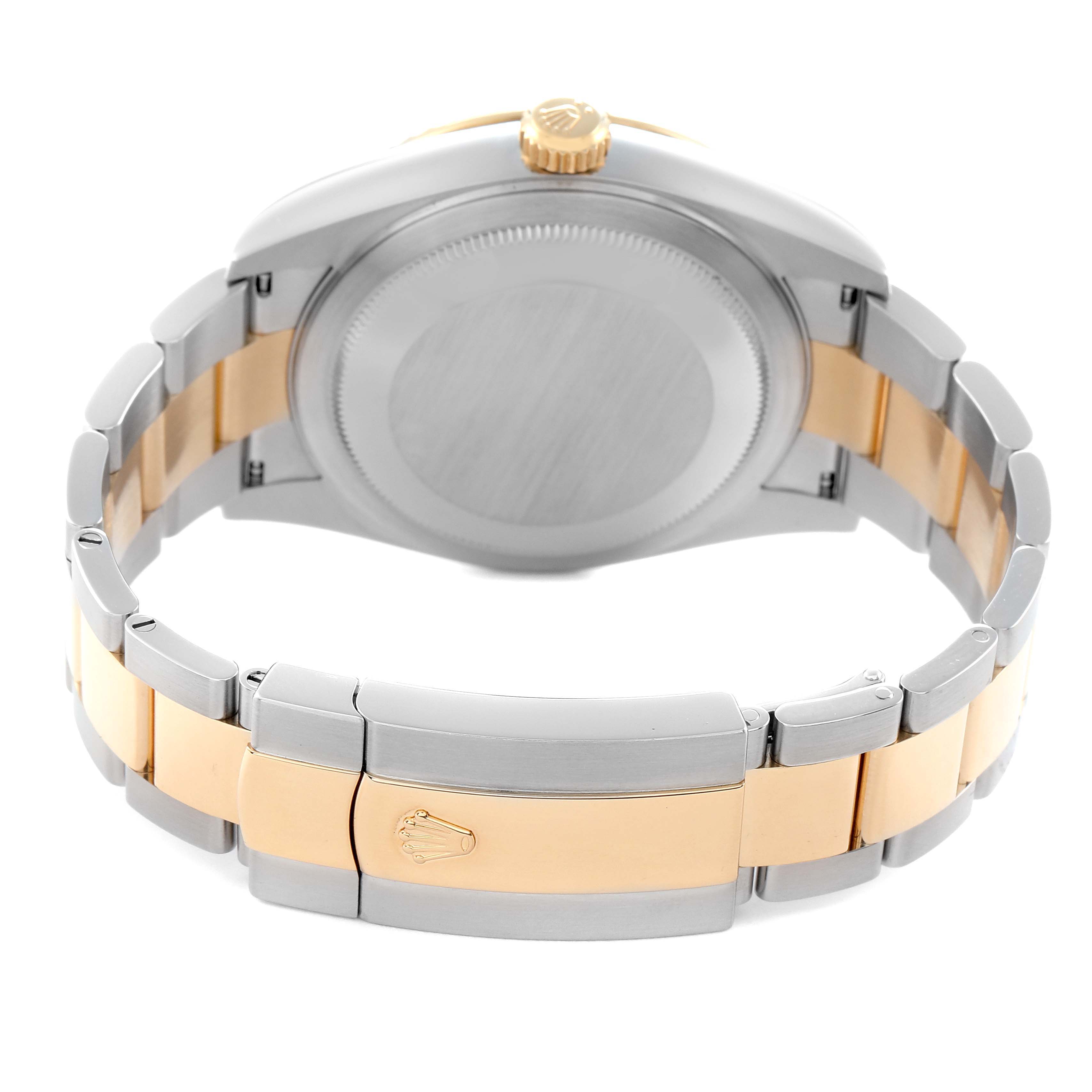 The image shows the back and bracelet of a Rolex Sky-Dweller model 326933 men's watch, highlighting the two-tone band and case back.