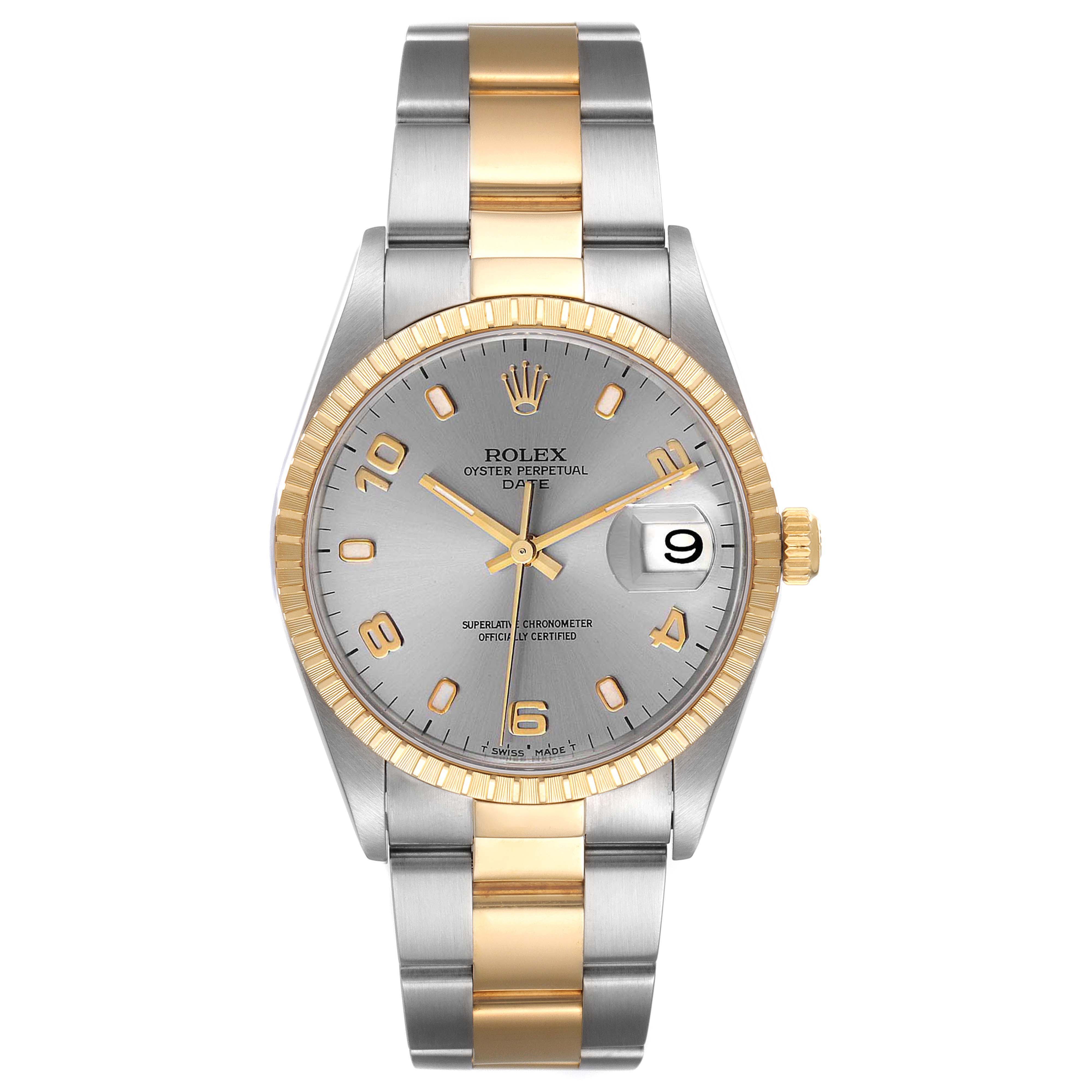 The image shows a front view of a Rolex Date 15223 Men's Steel and Gold (two tone) Grey Dial 15223 Men's Steel and Gold (two tone) Grey Dial model watch with a silver and gold bracelet and a date magnifier.