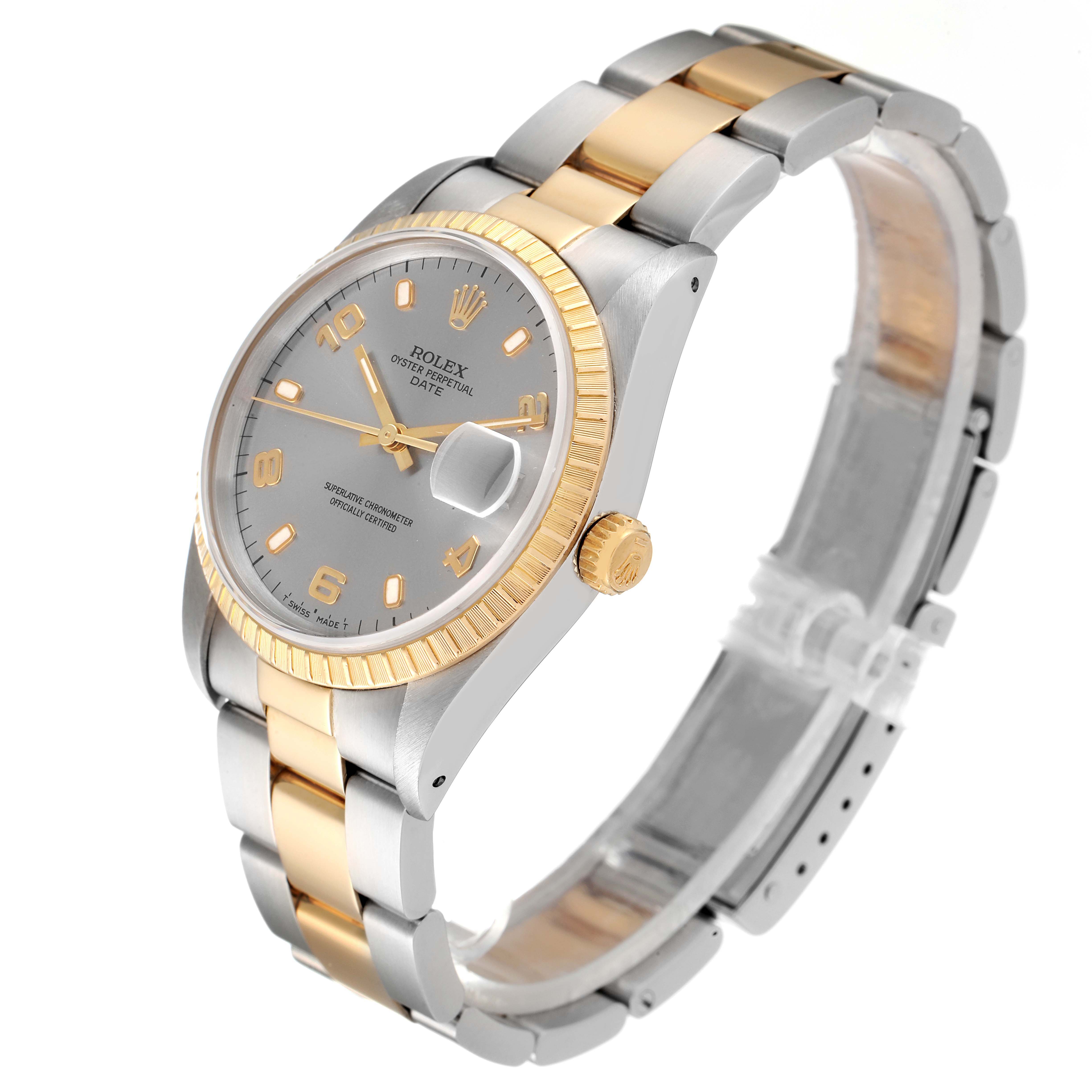 The image shows a Rolex Date 15223 Men's Steel and Gold (two tone) Grey Dial 15223 Men's Steel and Gold (two tone) Grey Dial model watch at a slight angle, highlighting its dial, bezel, crown, and bracelet.