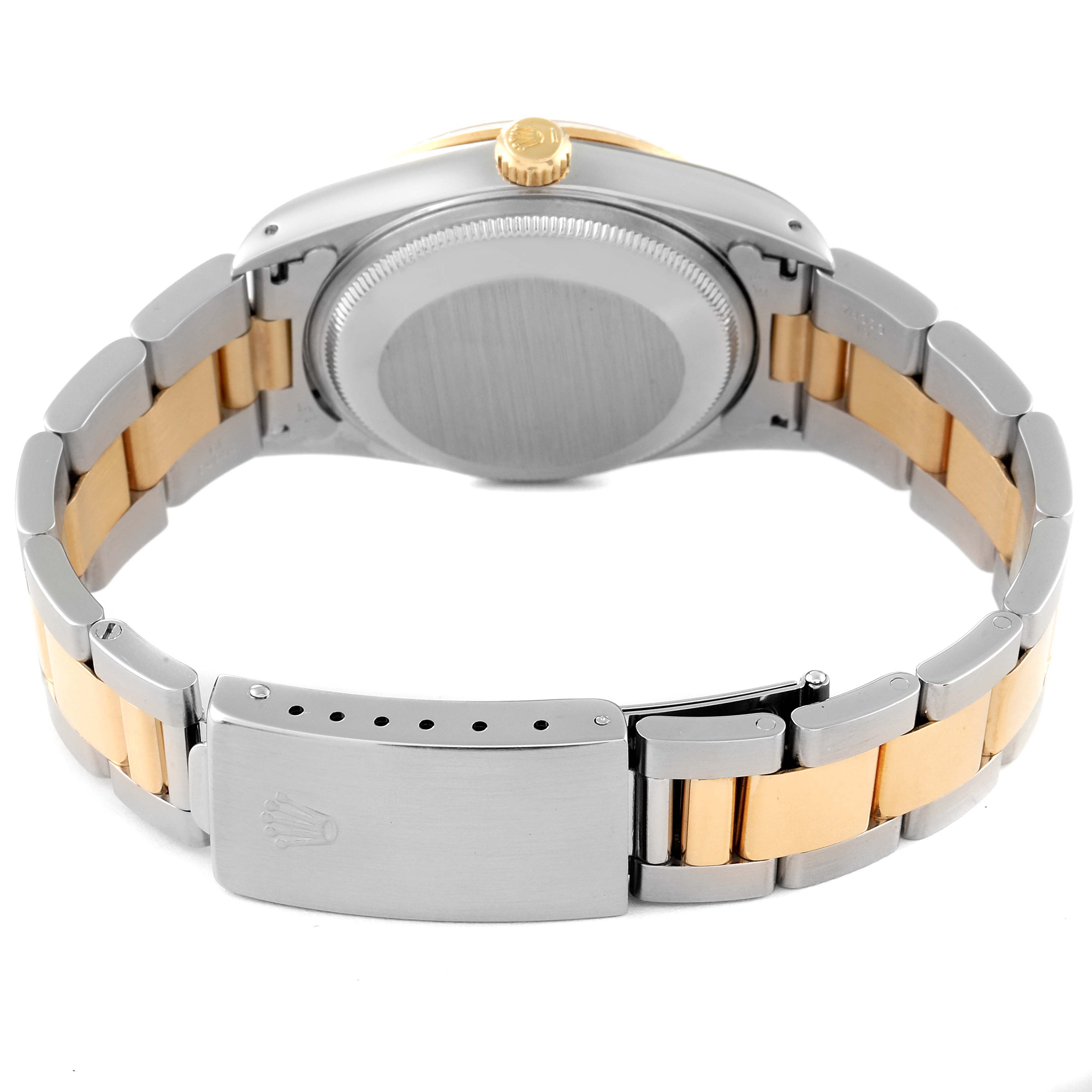 This image shows the back case and two-tone oyster bracelet of a Rolex Date 15223 Men's Steel and Gold (two tone) Grey Dial 15223 Men's Steel and Gold (two tone) Grey Dial model watch.