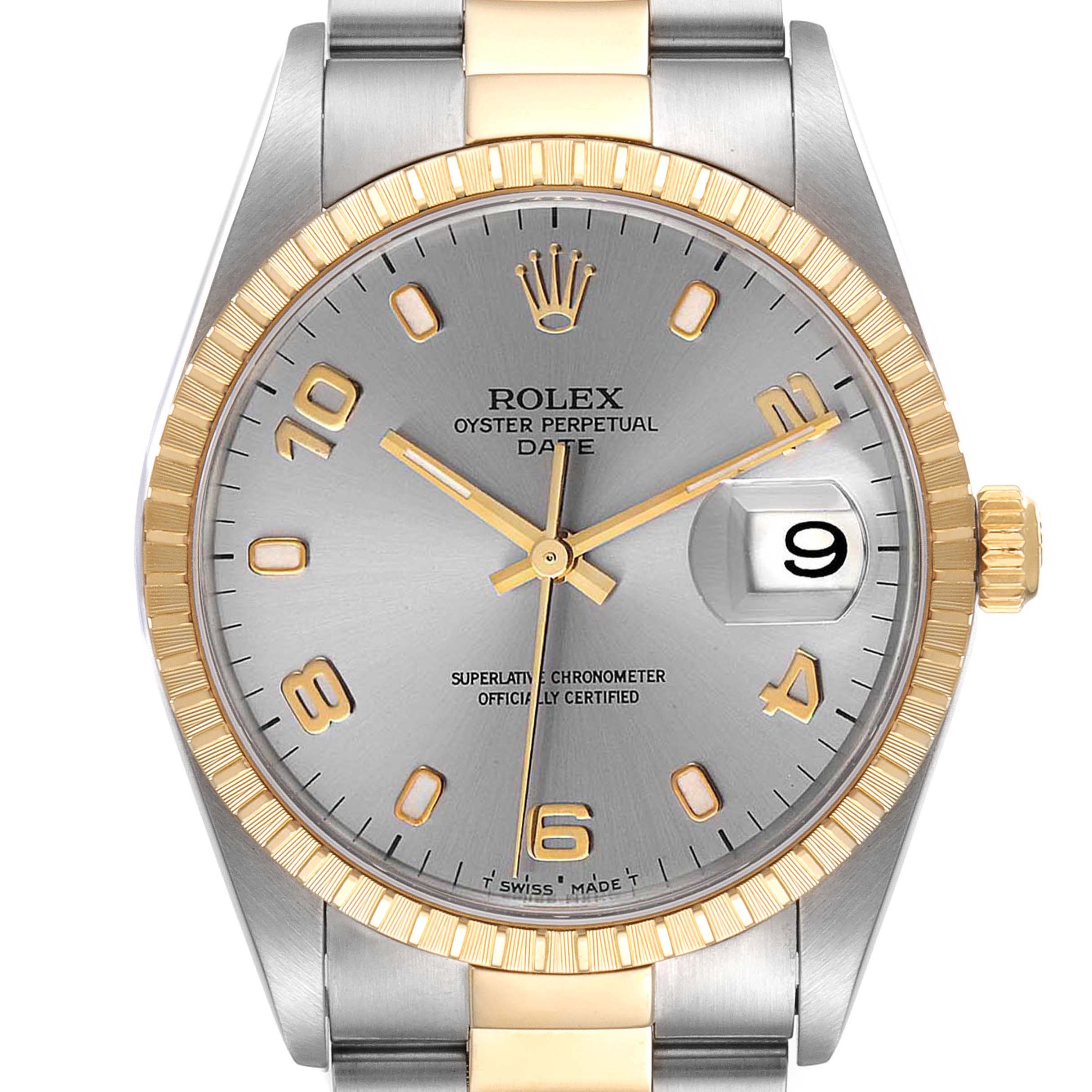 This image shows a front view of a Rolex Oyster Perpetual Date watch, showcasing the dial, bezel, crown, and part of the bracelet.