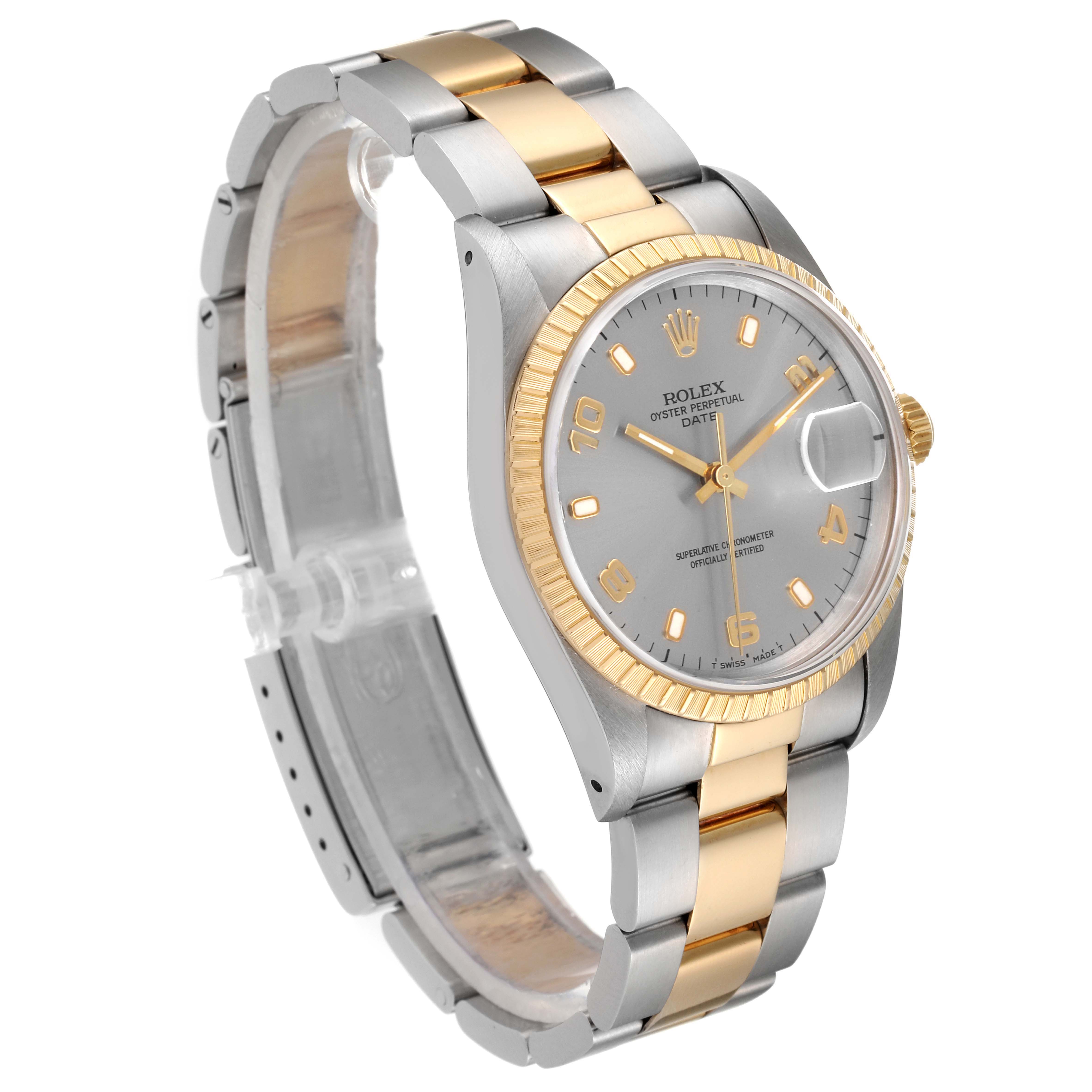 This image shows a Rolex Date 15223 Men's Steel and Gold (two tone) Grey Dial 15223 Men's Steel and Gold (two tone) Grey Dial model watch at a three-quarter angle, highlighting the dial, bezel, and bracelet.