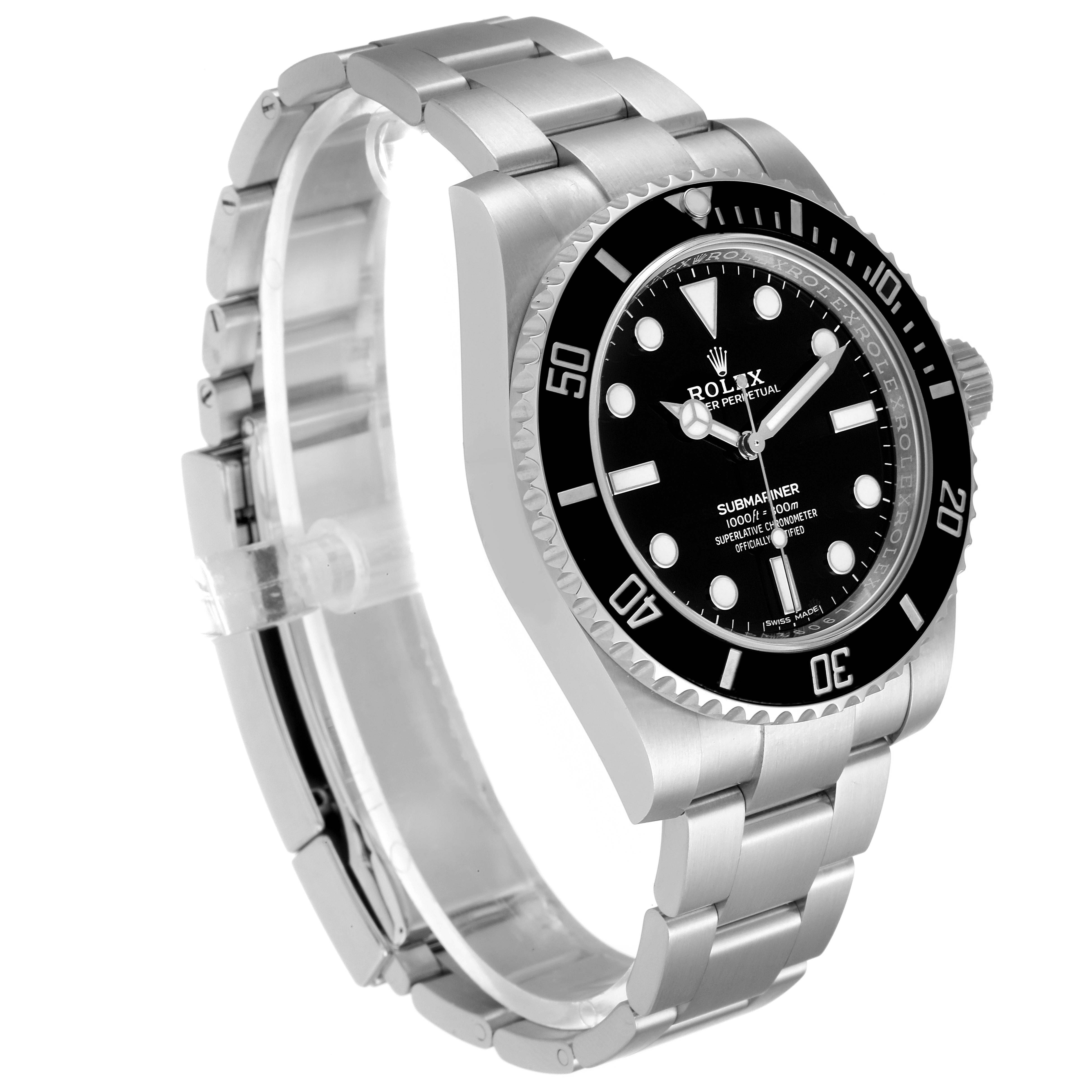 The image shows a side-angle view of a Rolex Submariner 114060 Men's Stainless Steel Black Dial 114060 Men's Stainless Steel Black Dial watch, highlighting the case, bezel, dial, and bracelet.