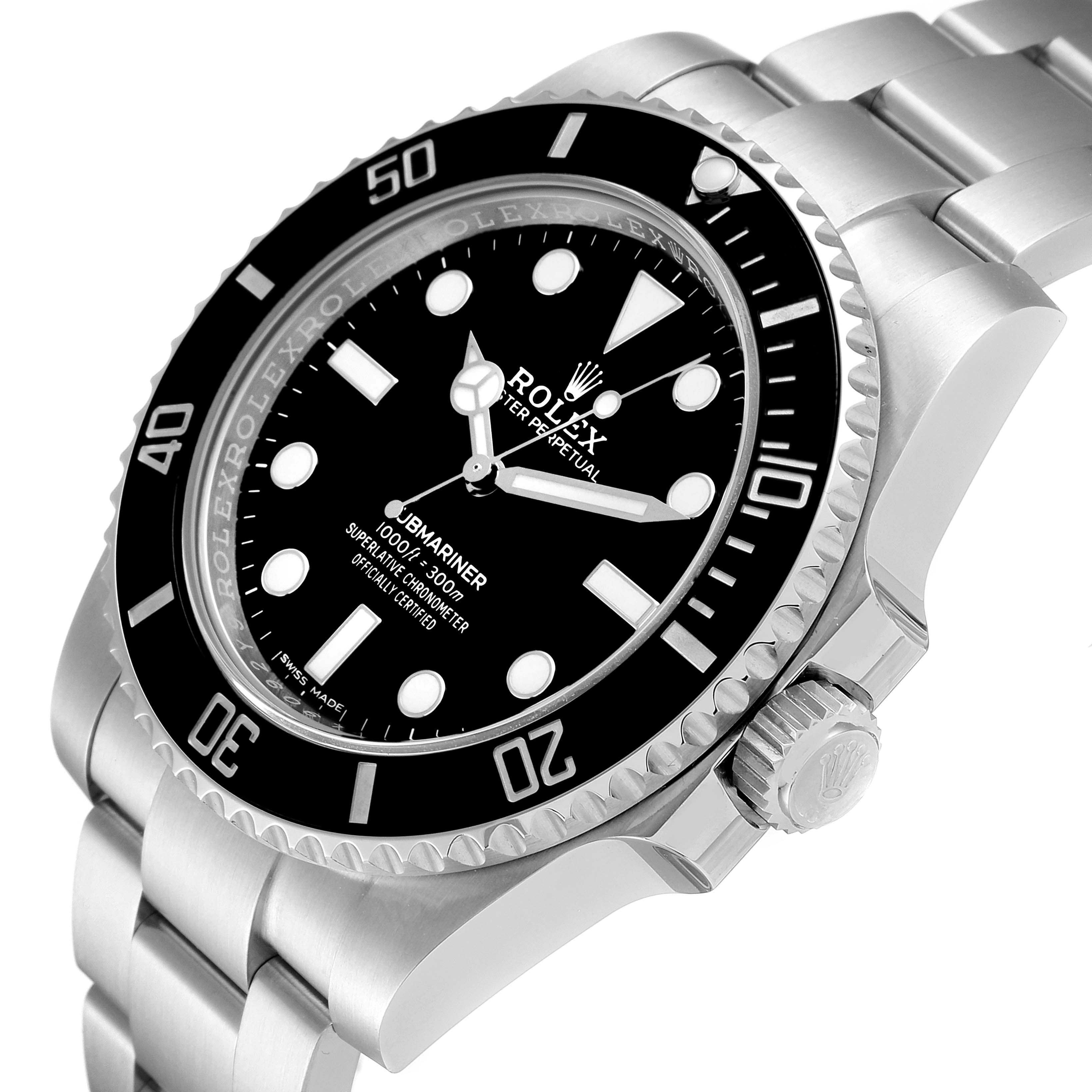 The image shows a close-up angled view of a Rolex Submariner 114060 Men's Stainless Steel Black Dial 114060 Men's Stainless Steel Black Dial, highlighting the dial, bezel, and part of the bracelet.
