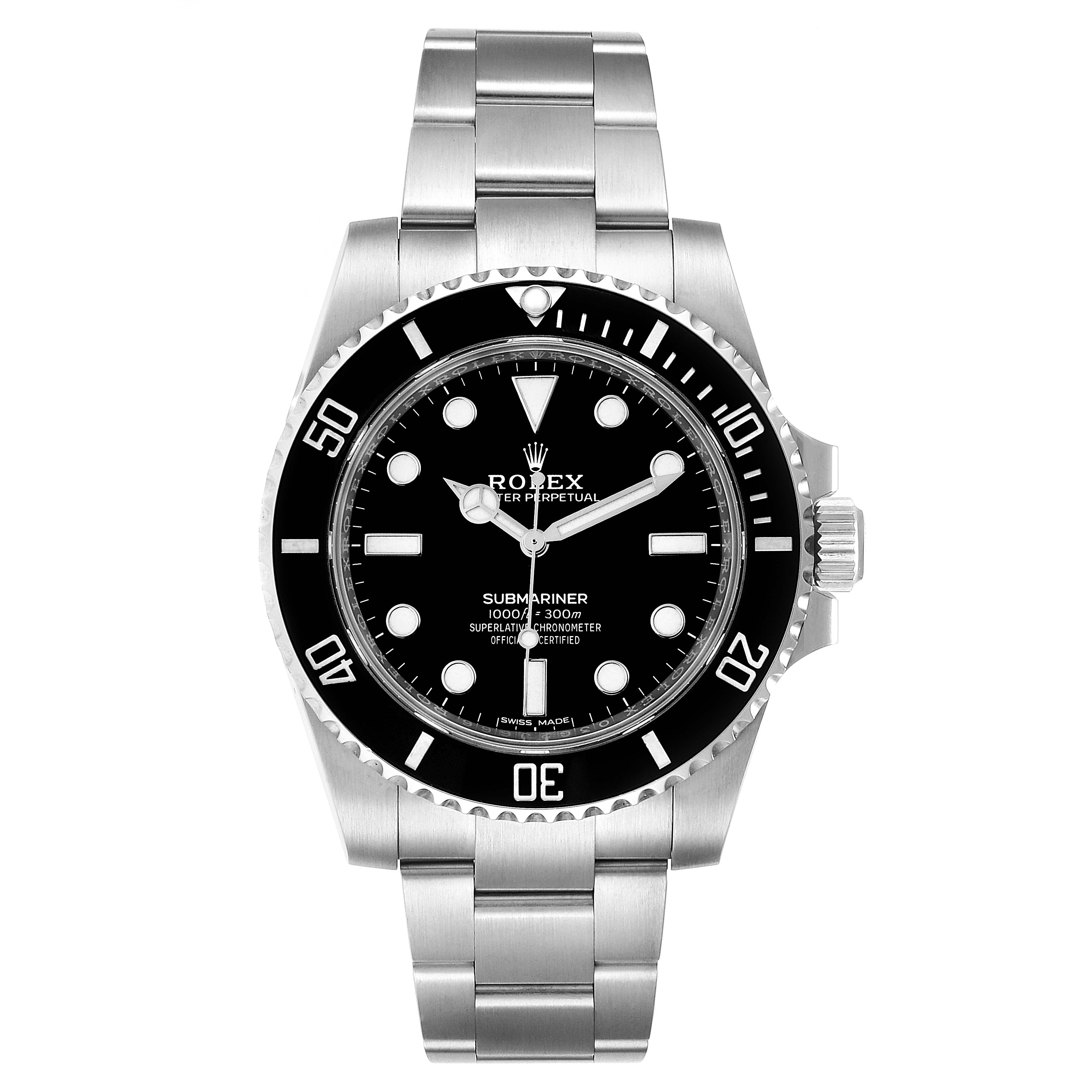 This Rolex Submariner 114060 Men's Stainless Steel Black Dial 114060 Men's Stainless Steel Black Dial watch is shown from a front angle, displaying its dial, bezel, bracelet, and crown.