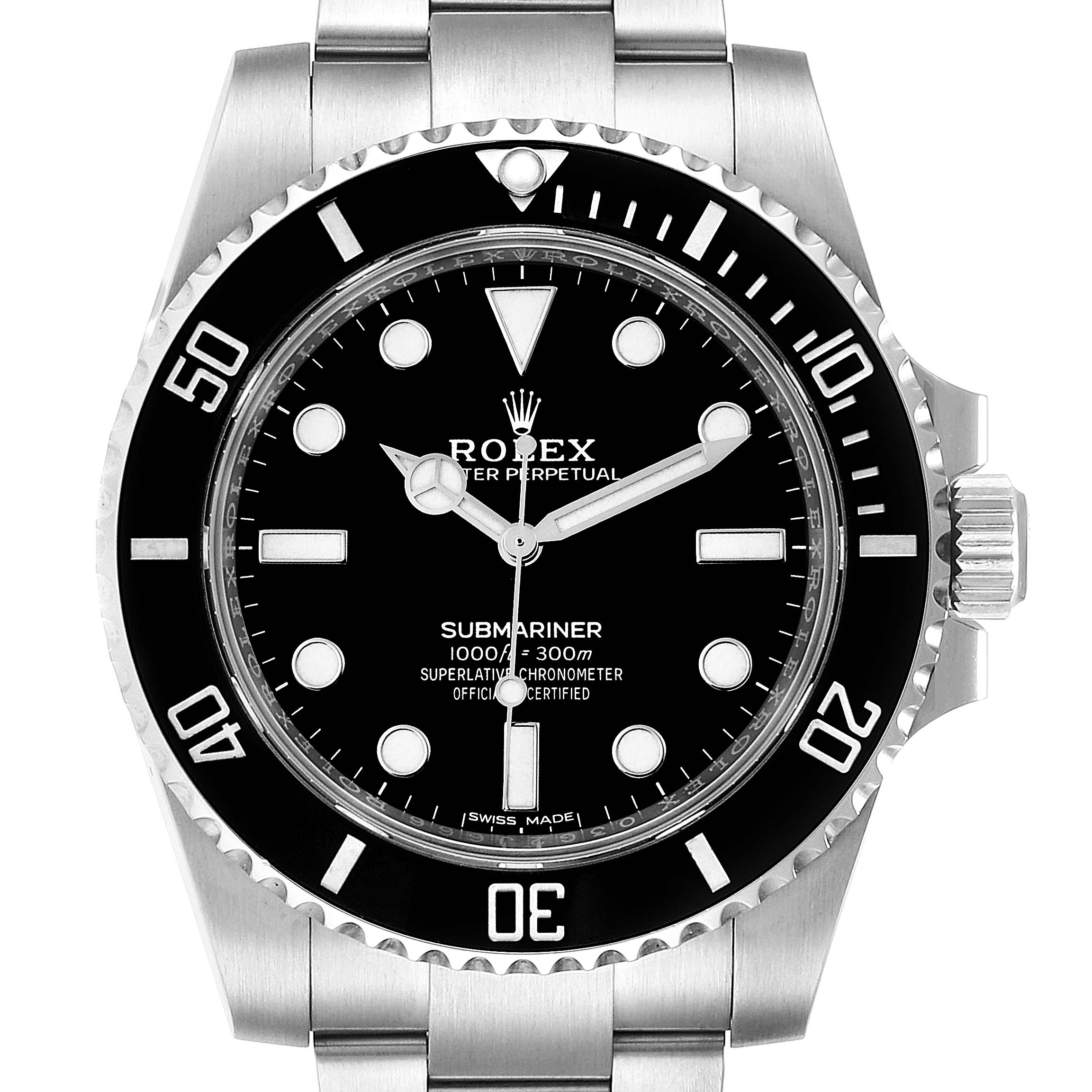 This is a front view of a Rolex Submariner 114060 Men's Stainless Steel Black Dial 114060 Men's Stainless Steel Black Dial watch showing its black dial, bezel, crown, and part of the bracelet.