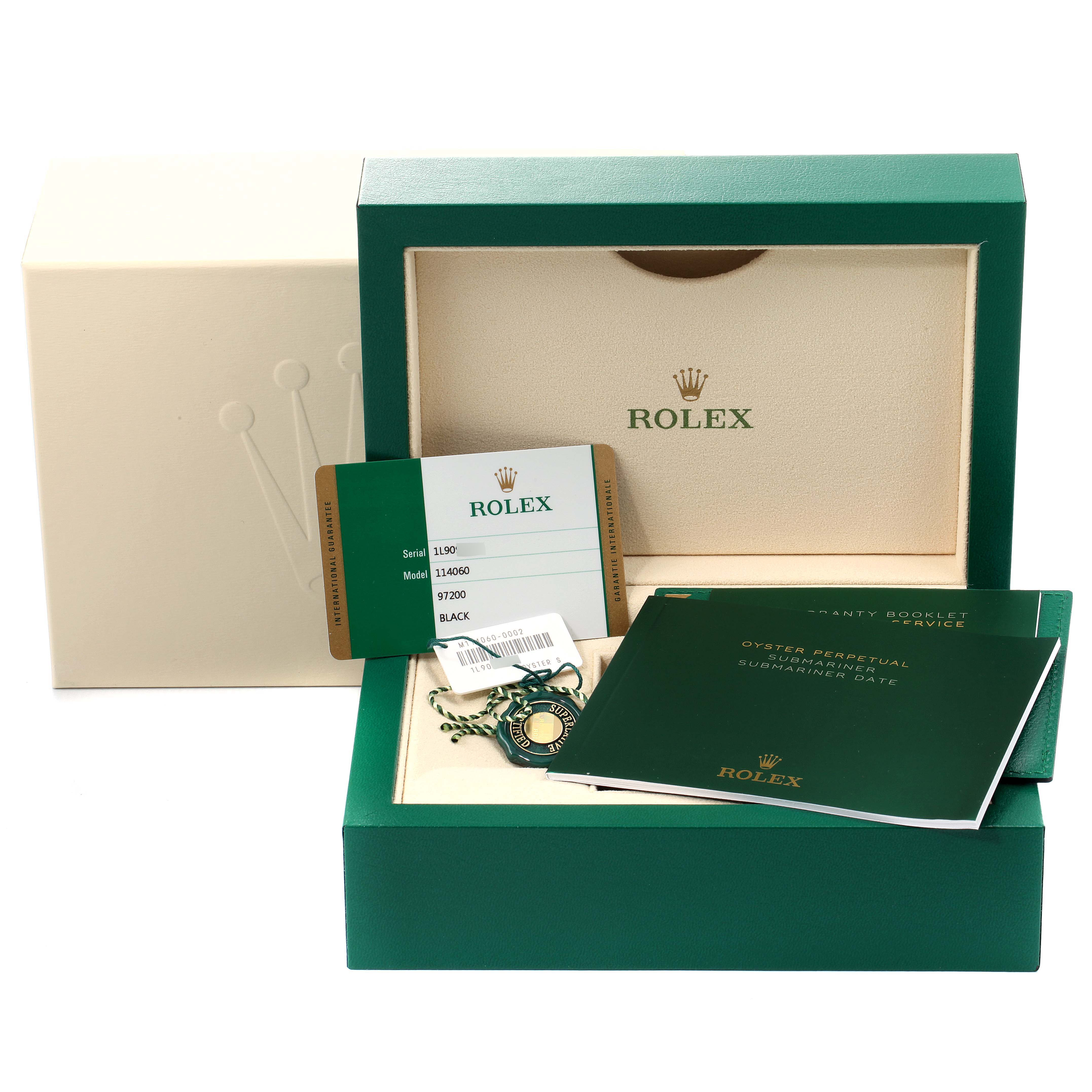 This image shows the packaging and documentation for a Rolex Submariner 114060 Men's Stainless Steel Black Dial 114060 Men's Stainless Steel Black Dial watch, including the box, warranty cards, and booklets.