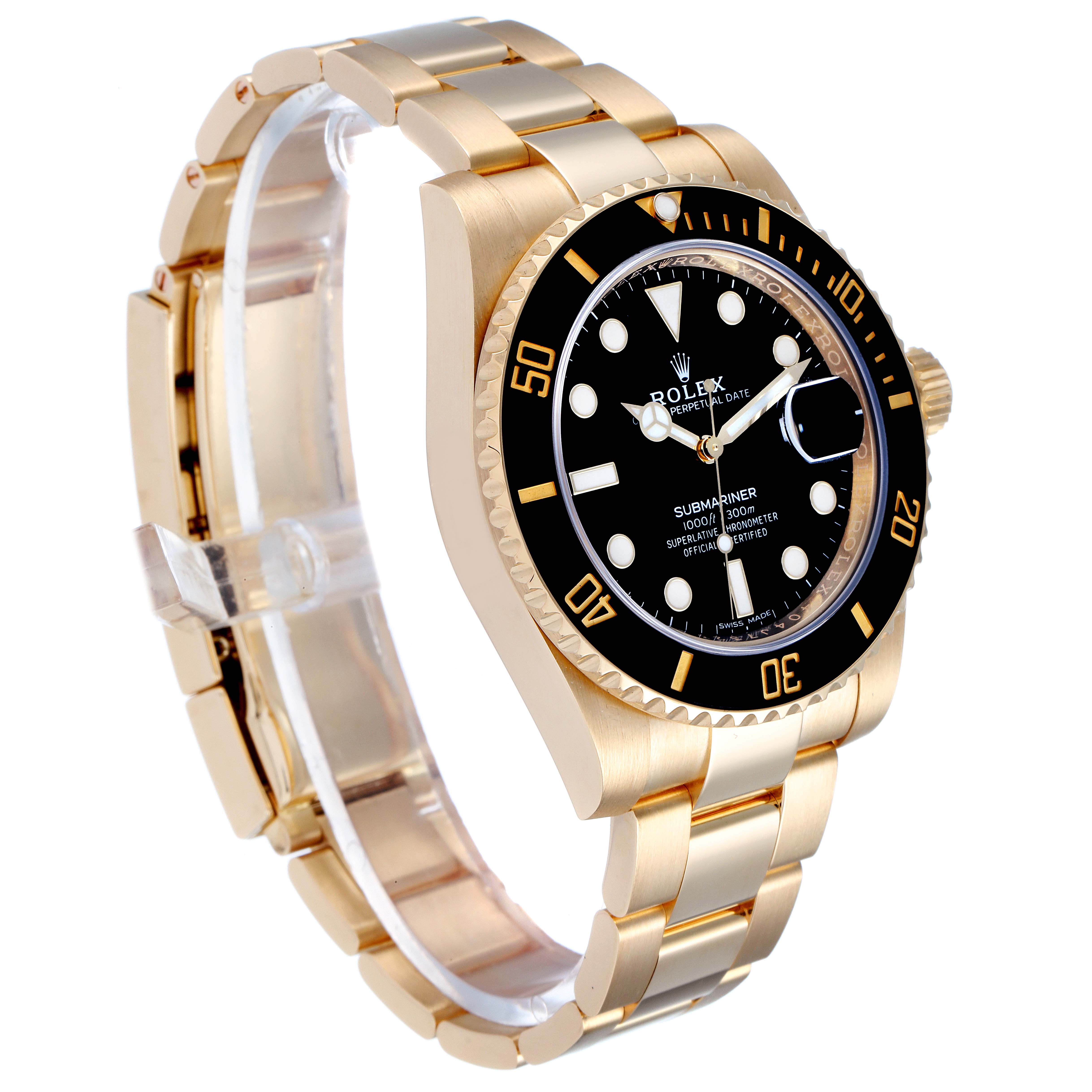 The image shows a Rolex Submariner 116618 Men's Yellow Gold Black Dial 116618 Men's Yellow Gold Black Dial watch at a three-quarter angle, highlighting the gold bracelet, bezel, and black dial.