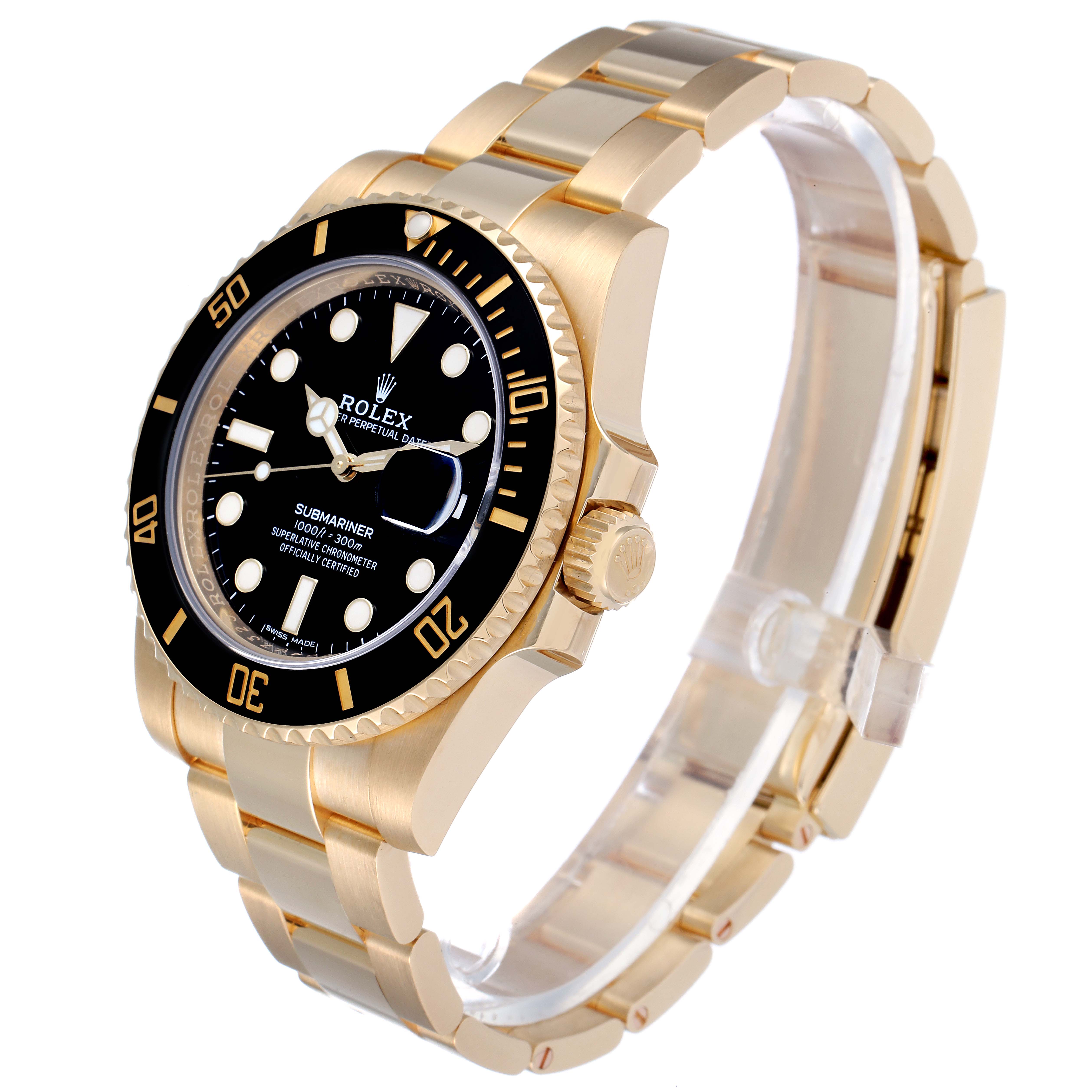 The Rolex Submariner 116618 Men's Yellow Gold Black Dial 116618 Men's Yellow Gold Black Dial watch is shown from a three-quarter angle, highlighting its gold bracelet, black dial, and unidirectional bezel.