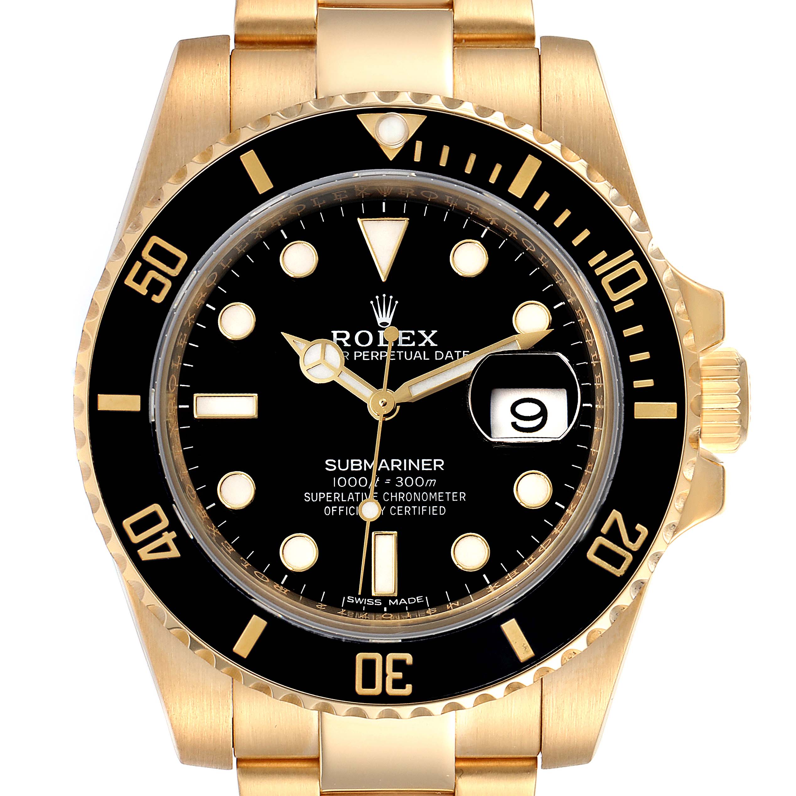 This image shows a front view of the Rolex Submariner 116618 Men's Yellow Gold Black Dial 116618 Men's Yellow Gold Black Dial watch, displaying the dial, bezel, and part of the bracelet.