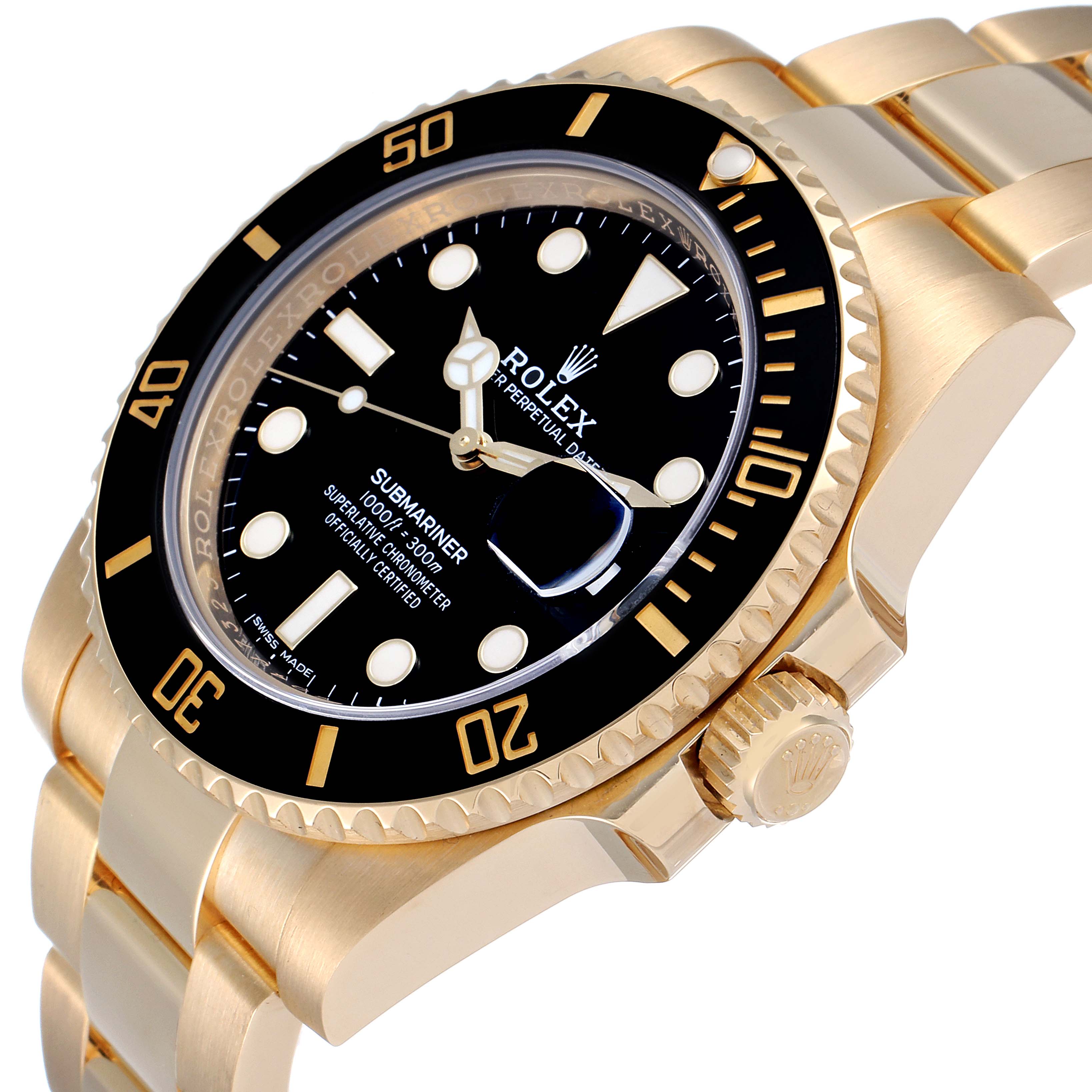 The image shows a close-up angled view of the Rolex Submariner 116618 Men's Yellow Gold Black Dial 116618 Men's Yellow Gold Black Dial watch, highlighting its dial, bezel, crown, and bracelet.