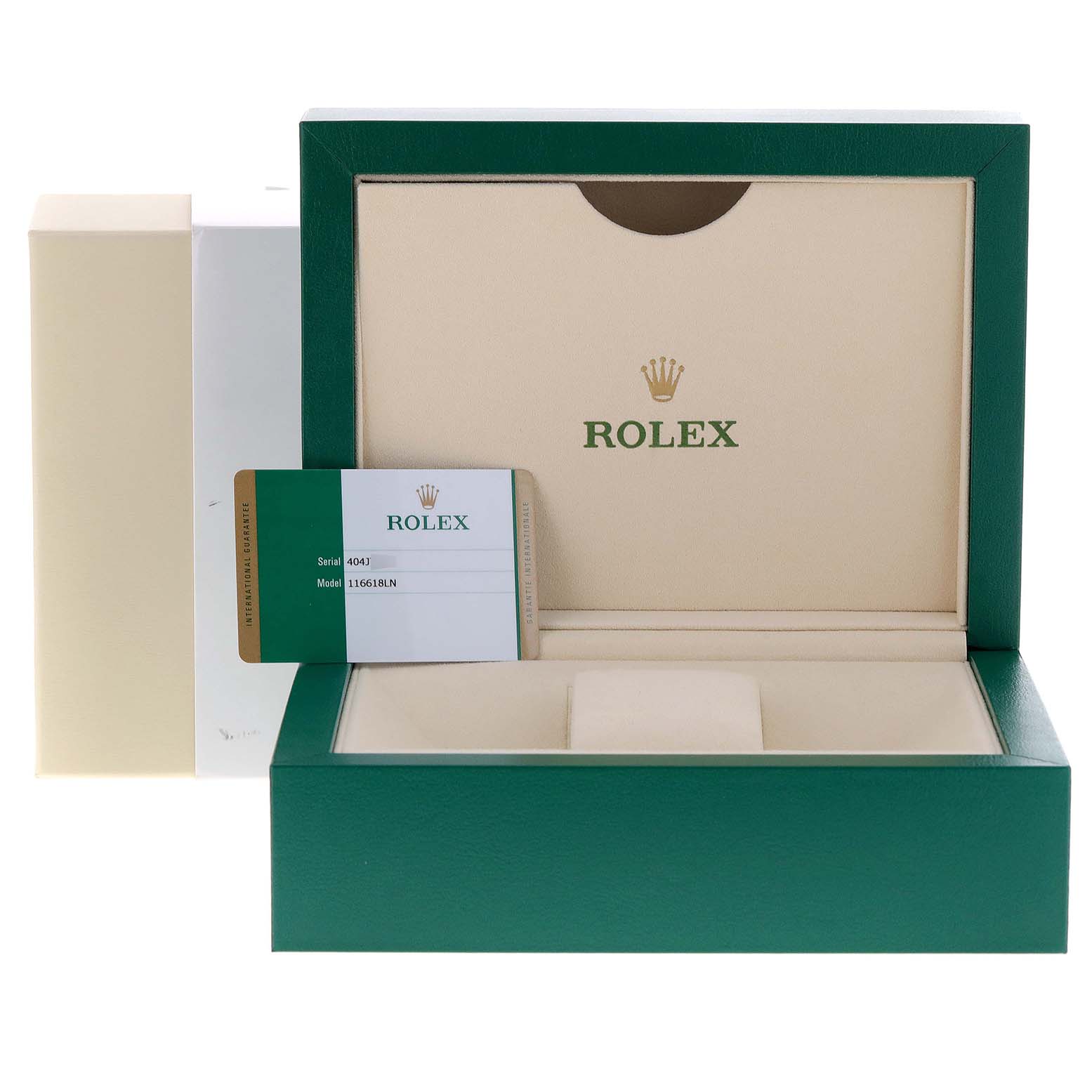 The image shows an empty Rolex Submariner 116618 Men's Yellow Gold Black Dial 116618 Men's Yellow Gold Black Dial watch box, an outer box, and a certification card placed at an angle.