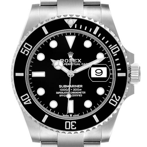The image shows a front view of the Rolex Submariner 126610LN Men's Stainless Steel Black Dial watch, highlighting its dial, bezel, and crown.