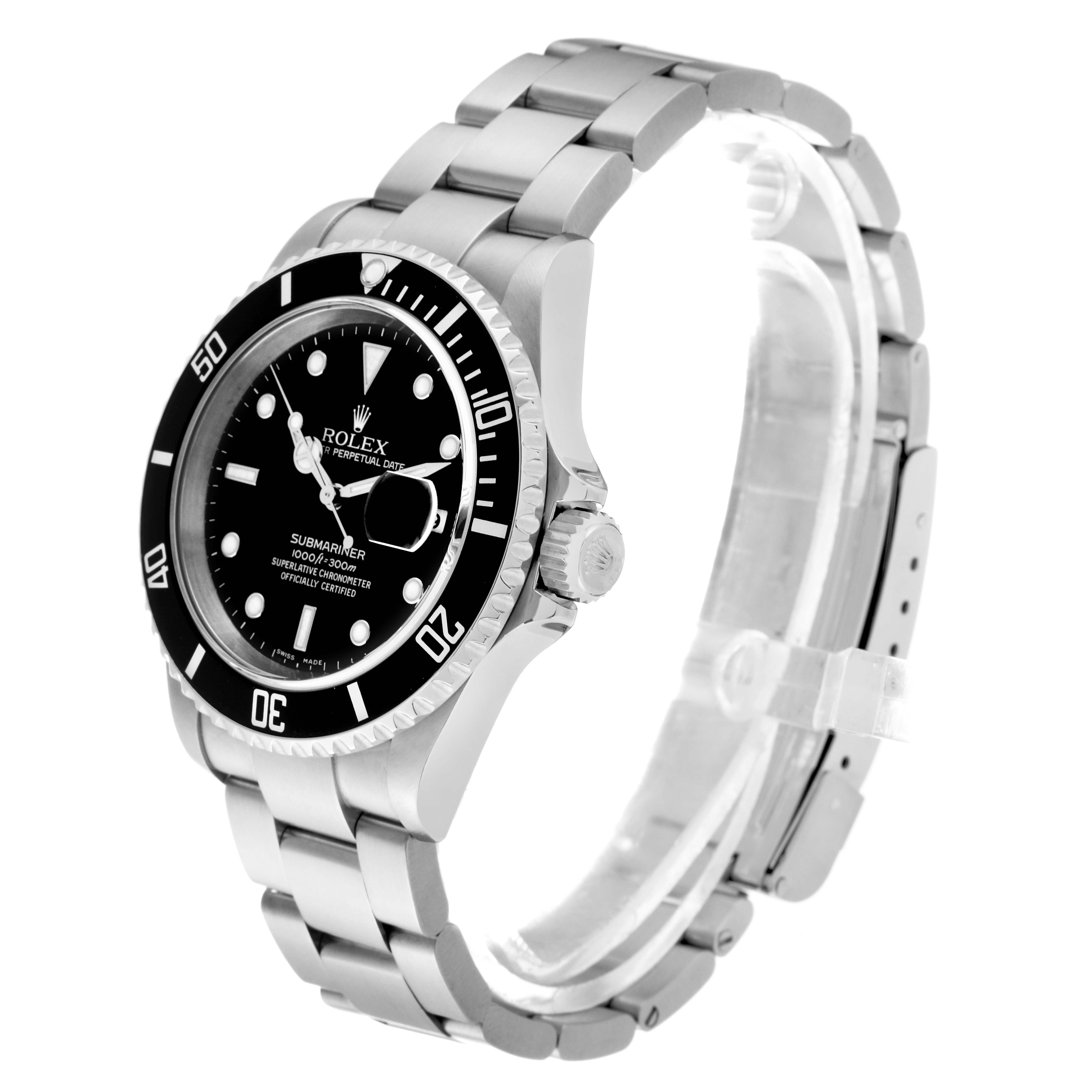 This image shows a Rolex Submariner 16610 Men's Stainless Steel Black Dial 16610 Men's Stainless Steel Black Dial watch from an angled side view, displaying the face, bezel, crown, and bracelet.