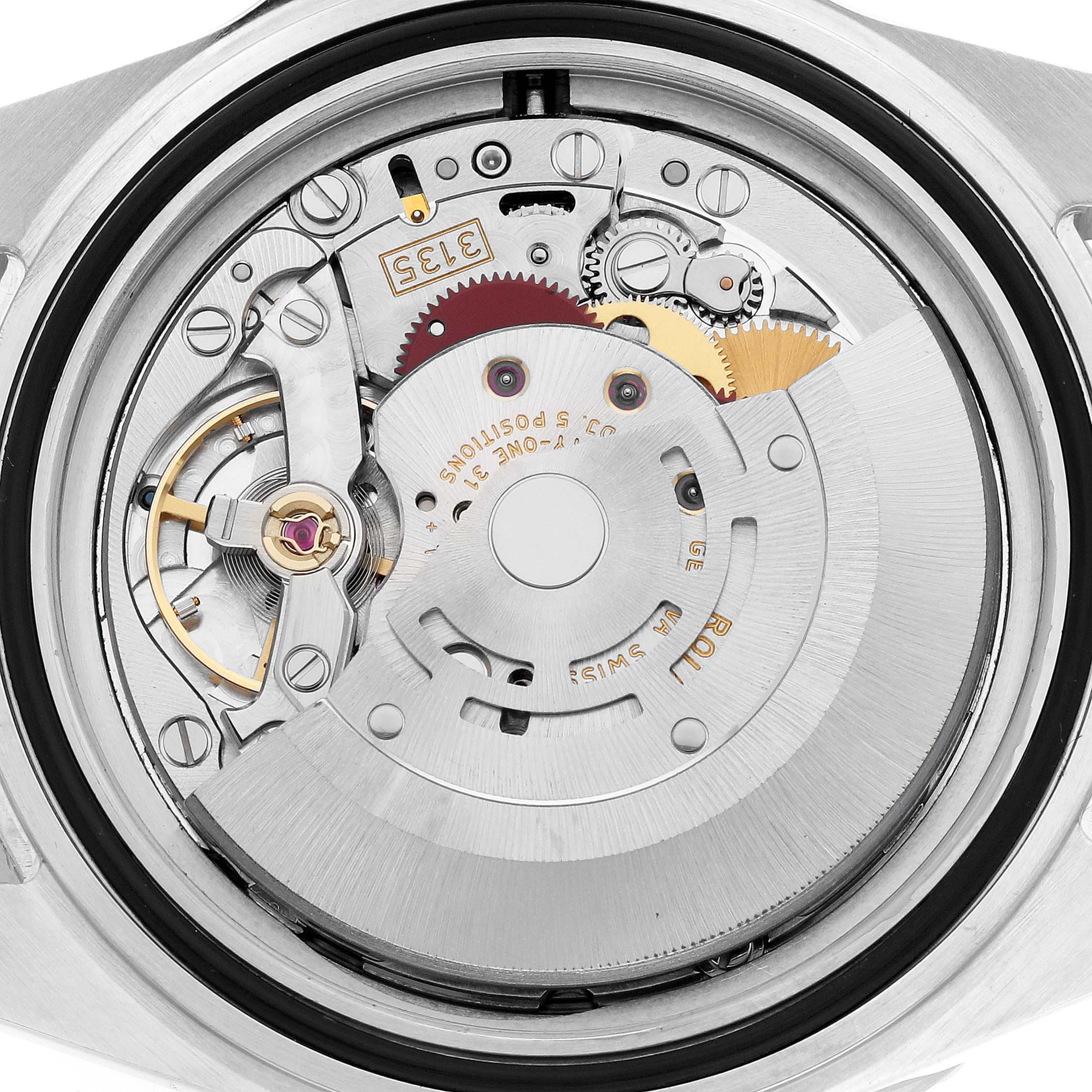 This image shows the intricate internal mechanism and movement parts of a Rolex Submariner 16610 Men's Stainless Steel Black Dial 16610 Men's Stainless Steel Black Dial watch from a rear angle.