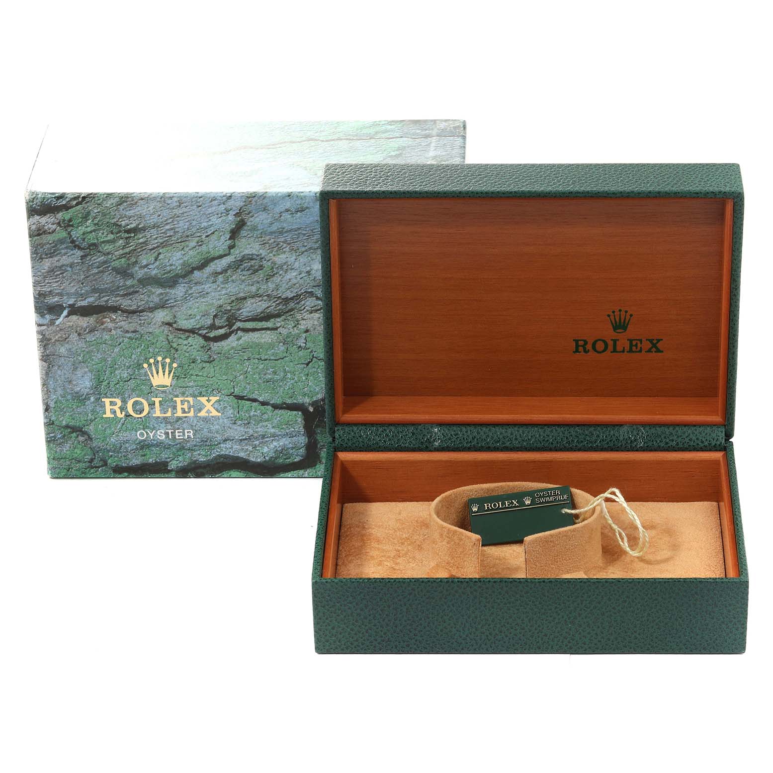 The image shows an open Rolex Submariner 16610 Men's Stainless Steel Black Dial 16610 Men's Stainless Steel Black Dial watch box and tag at a front angle, highlighting the box interior and cushion.