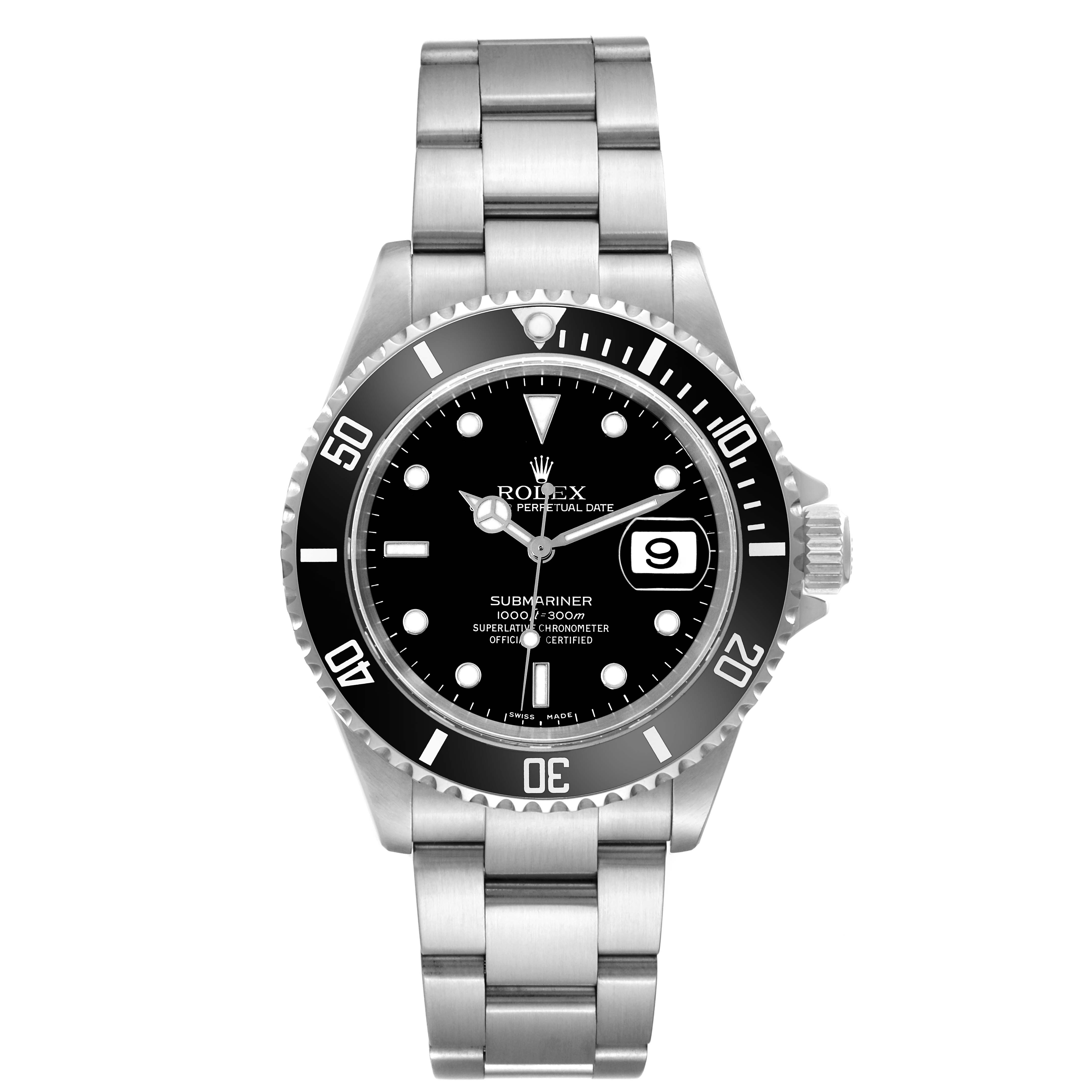 This image shows a front view of a Rolex Submariner 16610 Men's Stainless Steel Black Dial 16610 Men's Stainless Steel Black Dial watch, displaying its bracelet, bezel, and dial.