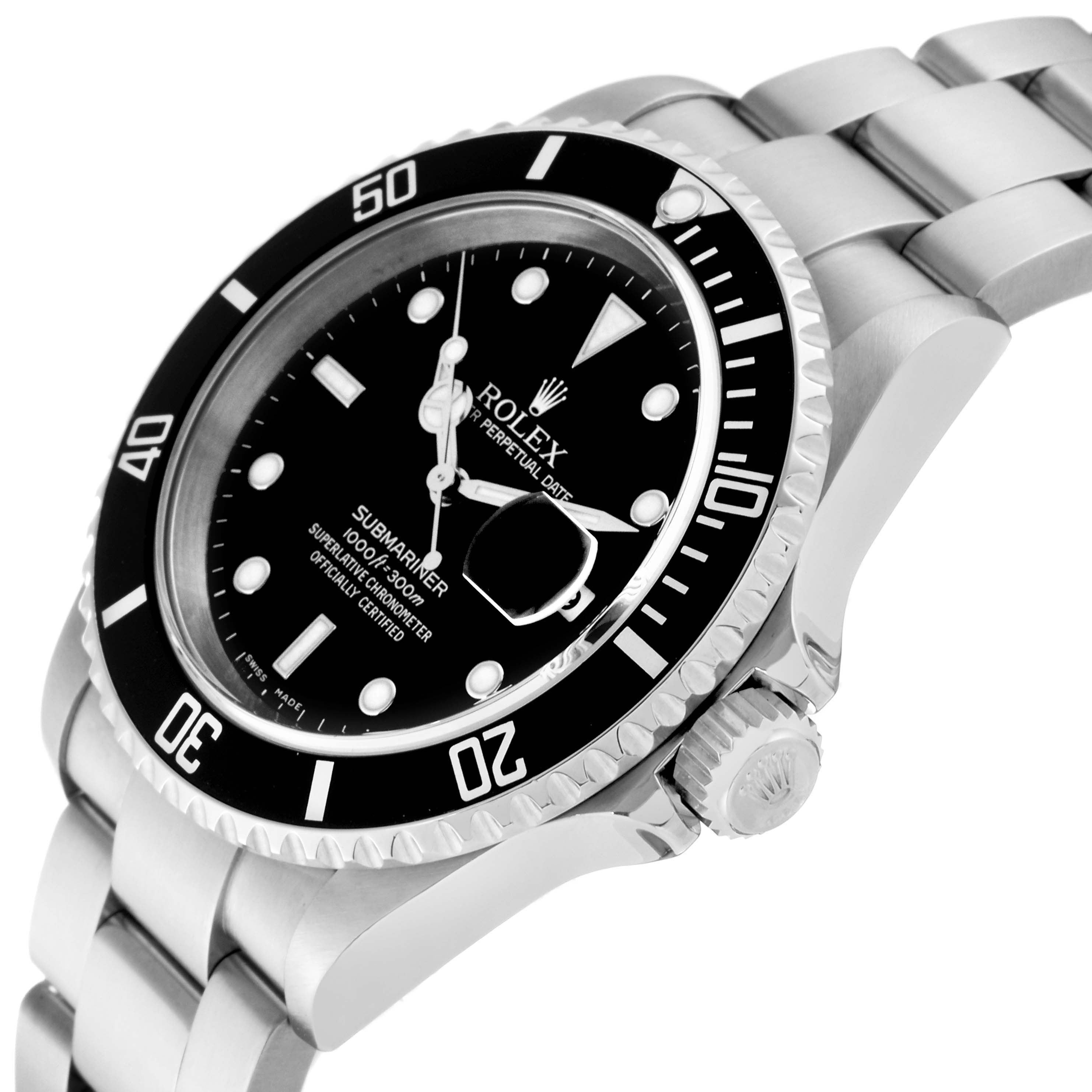 The image shows a close-up, angled view of the Rolex Submariner 16610 Men's Stainless Steel Black Dial 16610 Men's Stainless Steel Black Dial, highlighting its black dial, bezel, and metal bracelet.