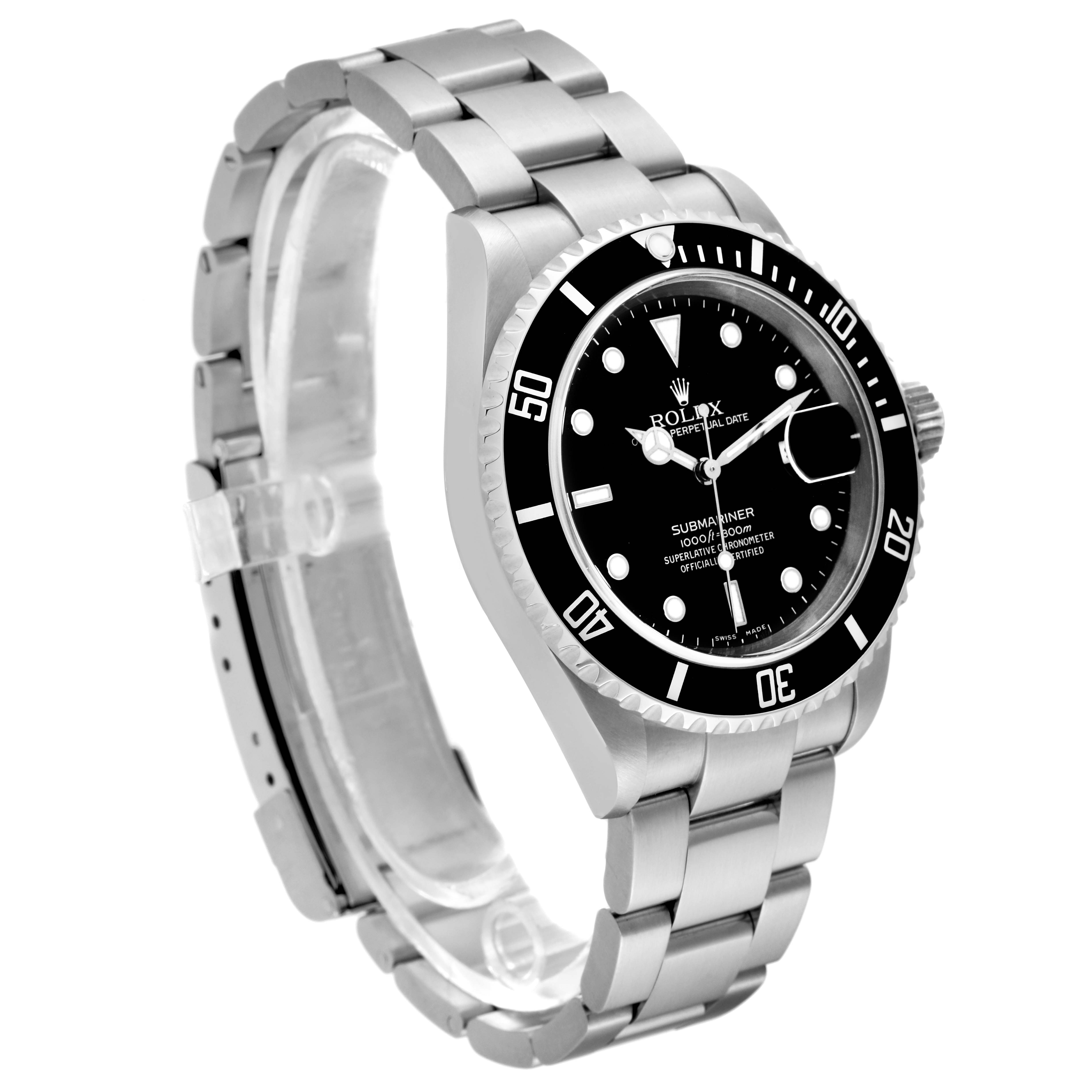 The Rolex Submariner 16610 Men's Stainless Steel Black Dial 16610 Men's Stainless Steel Black Dial watch is shown at a three-quarter angle highlighting the face, bezel, crown, and bracelet.