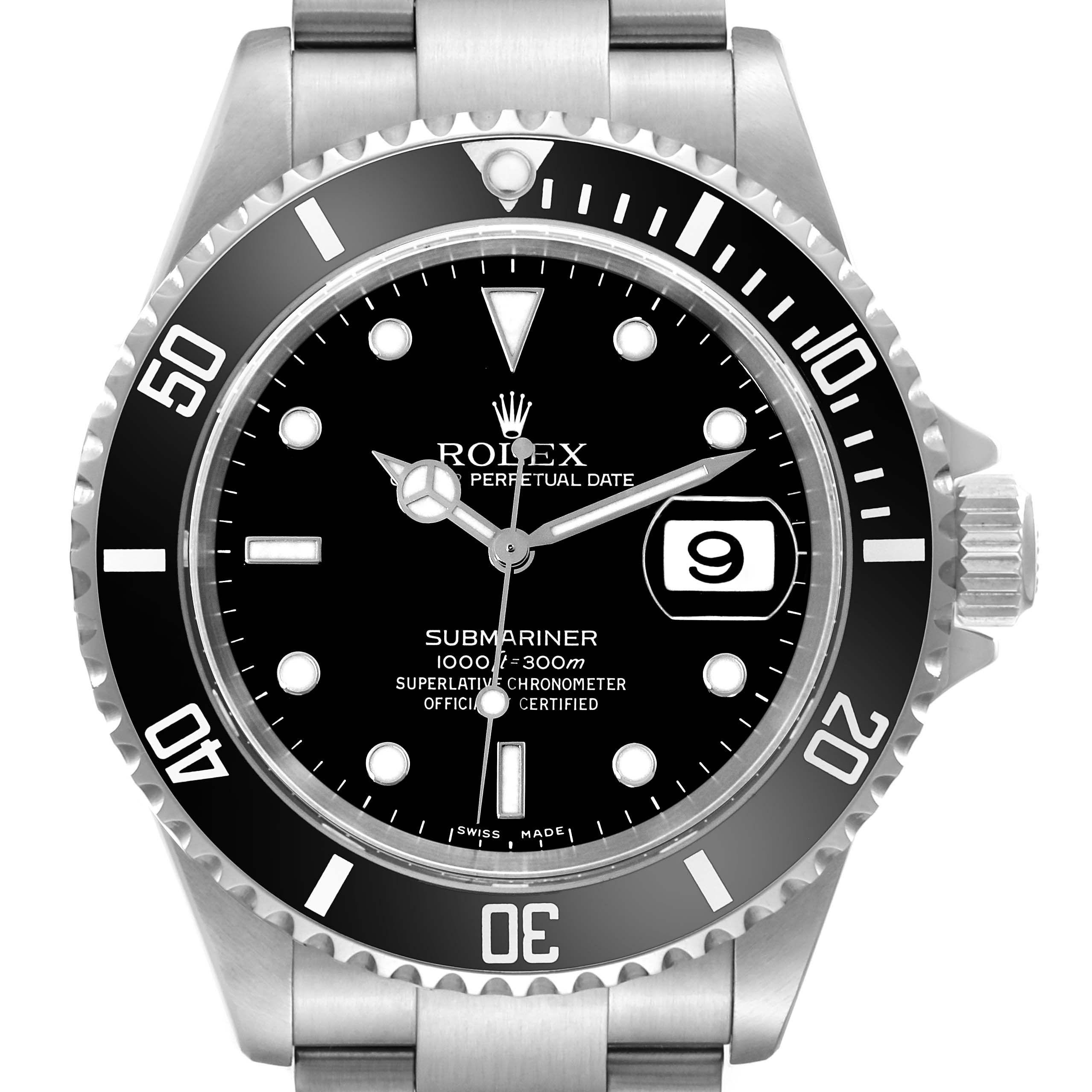 This is a front view of a Rolex Submariner 16610 Men's Stainless Steel Black Dial 16610 Men's Stainless Steel Black Dial watch, showcasing its black dial, date display, and stainless steel bracelet.
