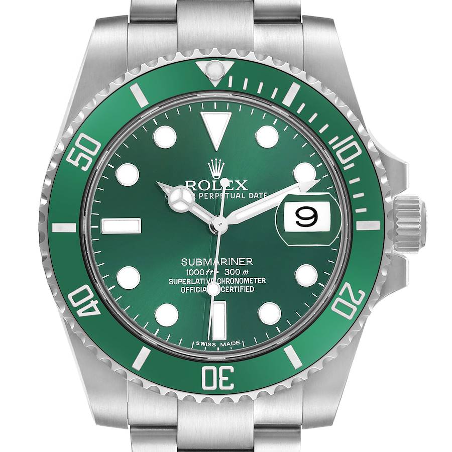 The Rolex Submariner 116610LV is shown from a top-down angle, highlighting its green bezel, dial, and bracelet design.