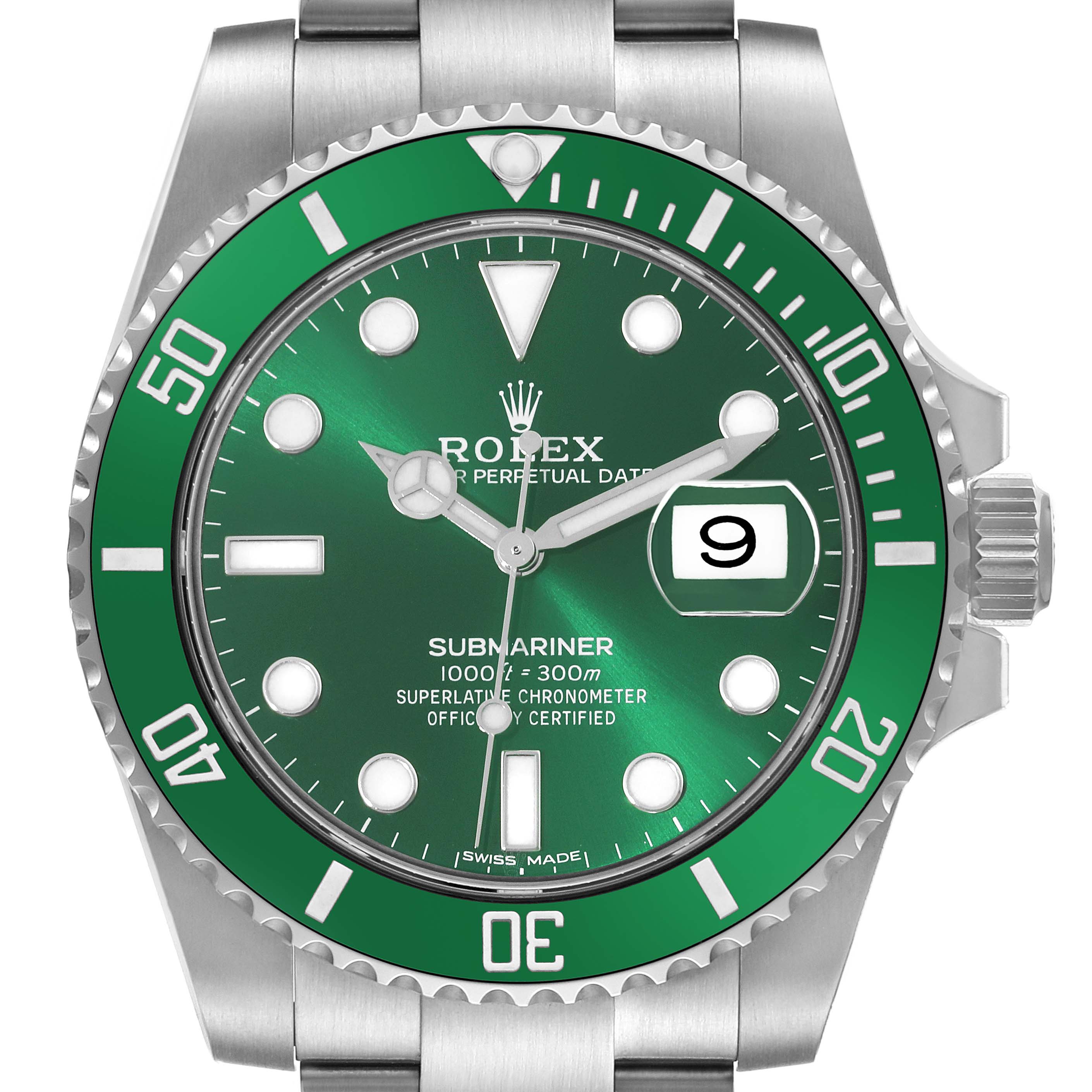 The image shows a front view of a Rolex Submariner 116610LV Men's Stainless Steel Green Dial 116610LV Men's Stainless Steel Green Dial watch with a green bezel and dial, displaying the date at the 3 o'clock position.