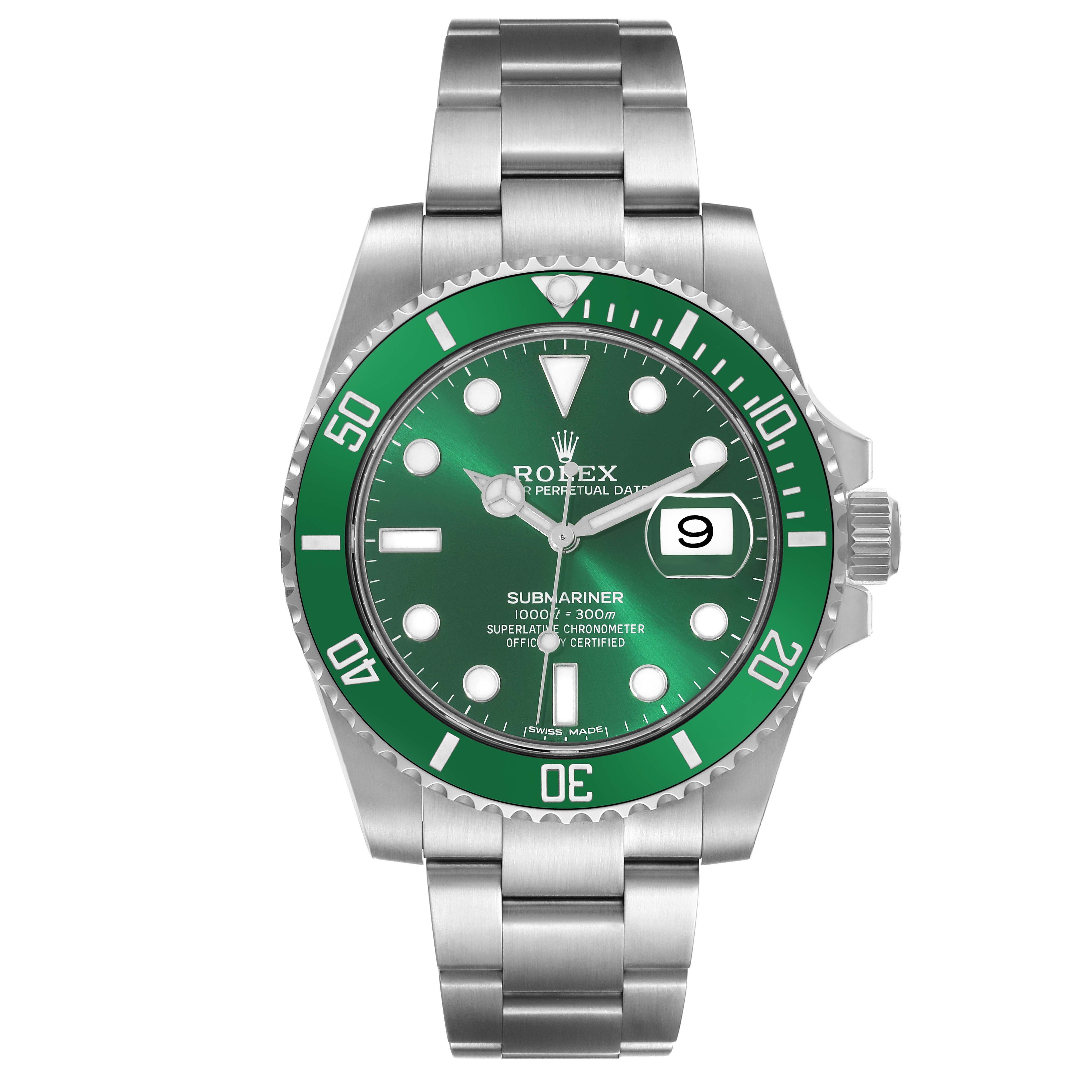 The image shows a frontal view of a Rolex Submariner 116610LV Men's Stainless Steel Green Dial 116610LV Men's Stainless Steel Green Dial watch with a green bezel and dial, displaying the time and date.