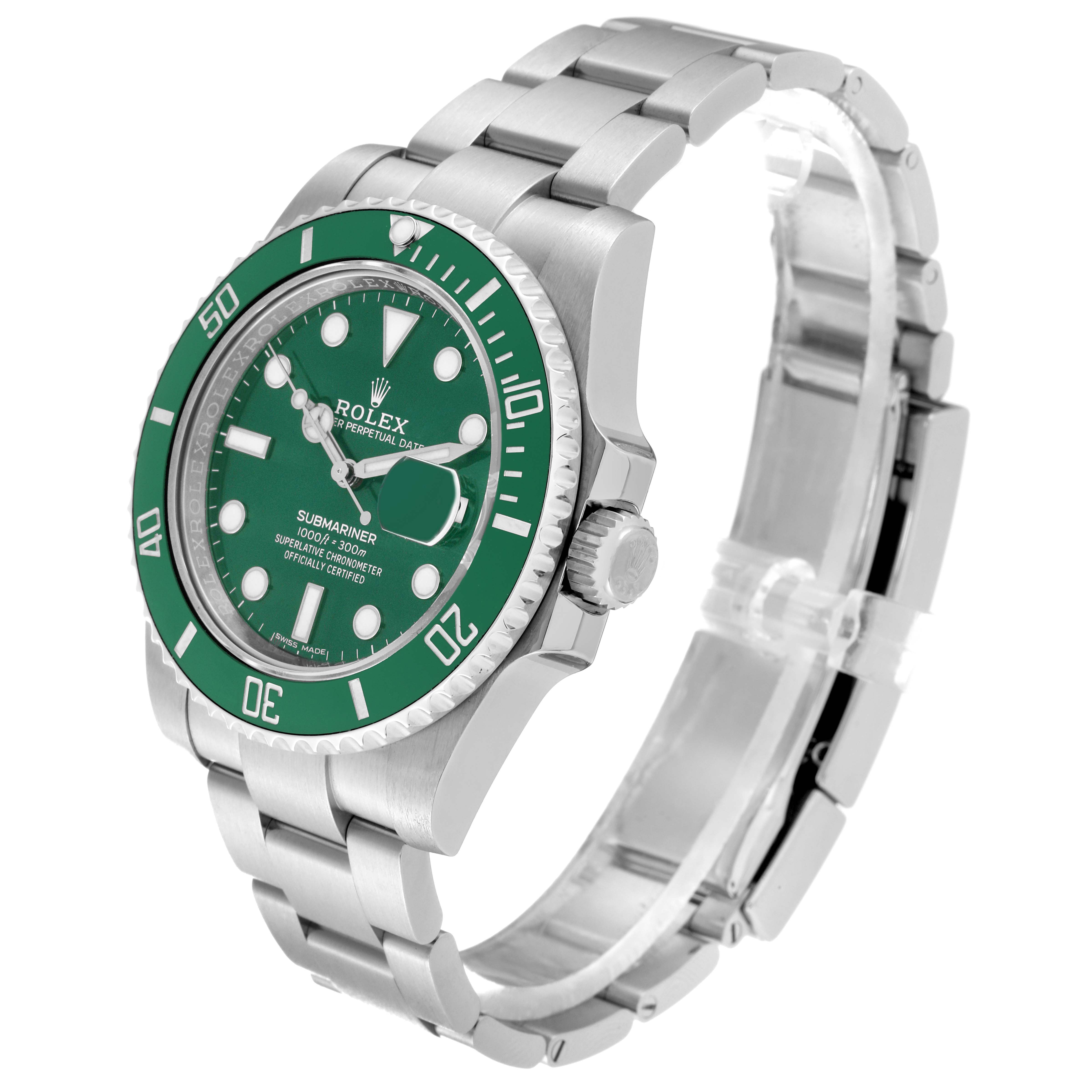 This image shows a side angle of a Rolex Submariner 116610LV Men's Stainless Steel Green Dial 116610LV Men's Stainless Steel Green Dial watch highlighting the green dial, bezel, and stainless steel bracelet.
