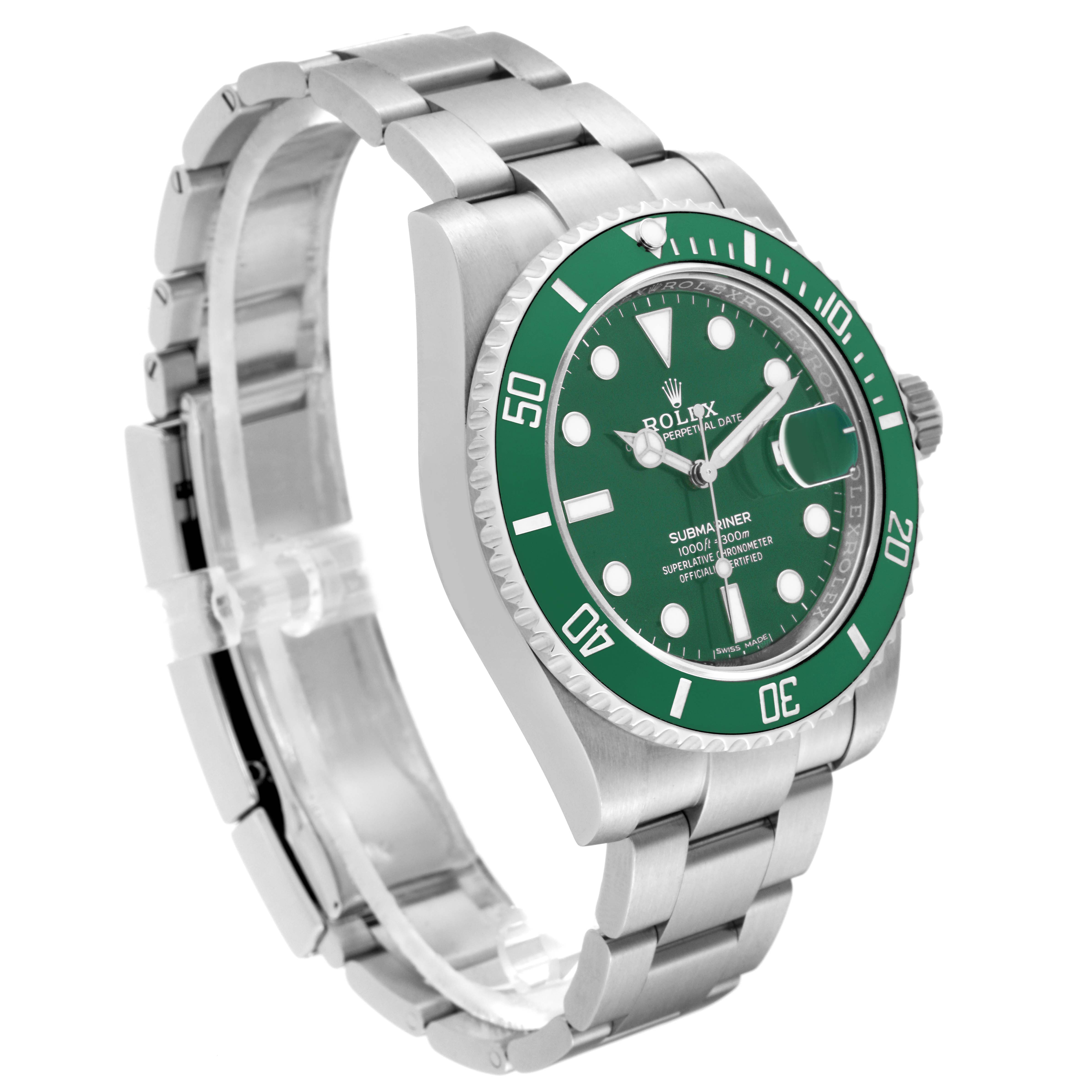 The image shows a Rolex Submariner 116610LV Men's Stainless Steel Green Dial 116610LV Men's Stainless Steel Green Dial watch at a slight angle, highlighting the green bezel, dial, and stainless steel bracelet.