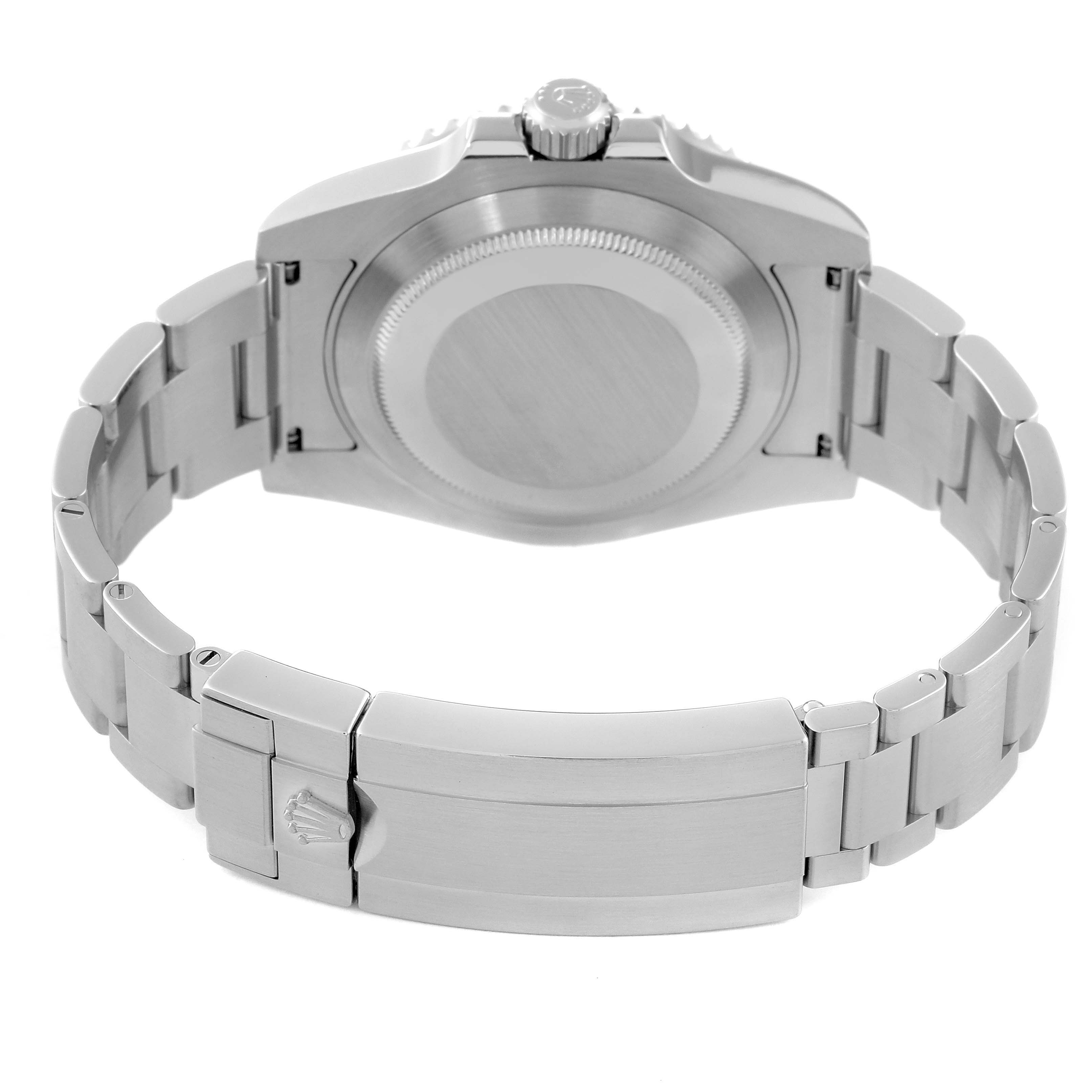 Rear view of the Rolex Submariner 116610LV Men's Stainless Steel Green Dial 116610LV Men's Stainless Steel Green Dial watch, showing the case back, crown, and clasp of the bracelet.