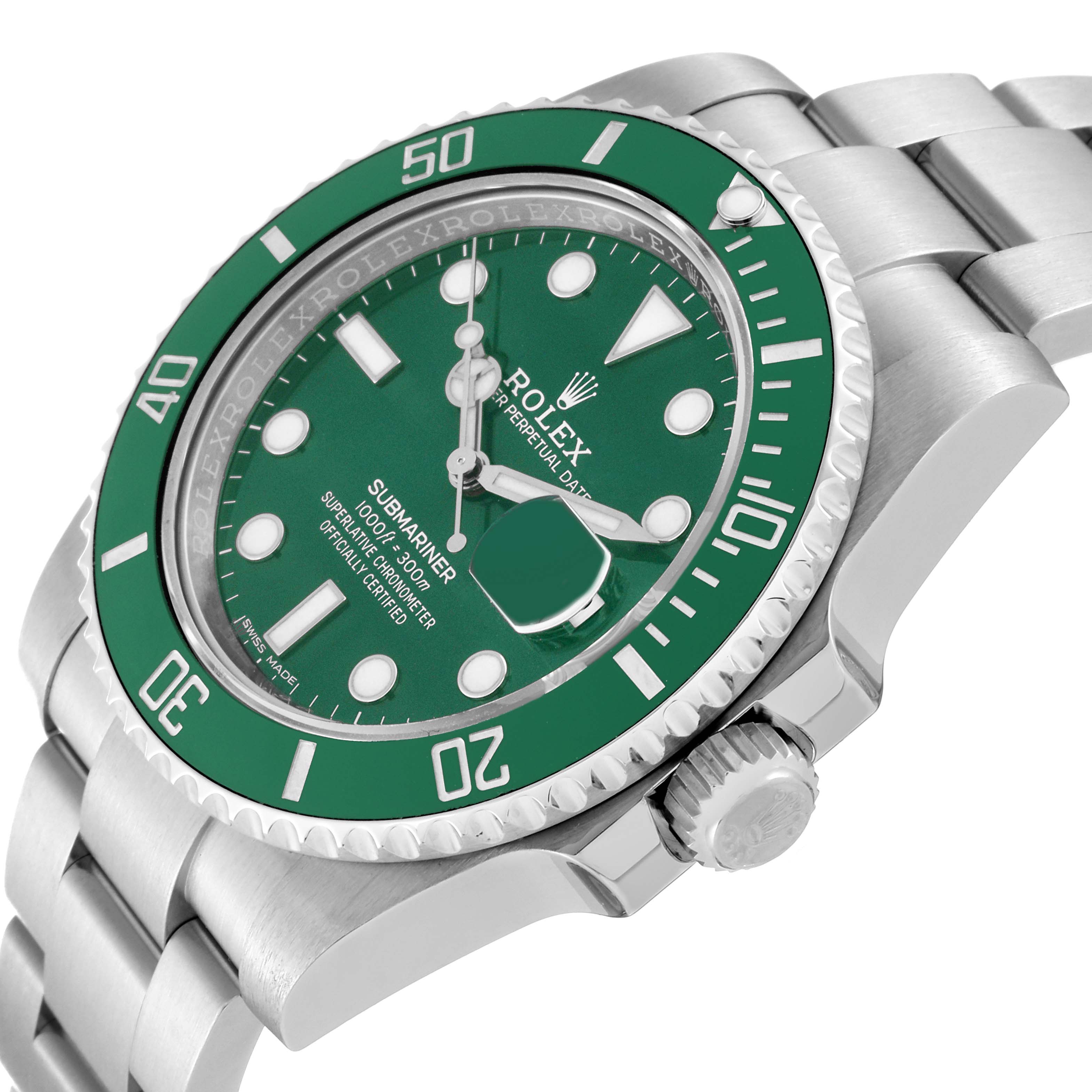 A Rolex Submariner 116610LV Men's Stainless Steel Green Dial 116610LV Men's Stainless Steel Green Dial watch is shown at an angled view, highlighting its green dial, bezel, and silver bracelet.