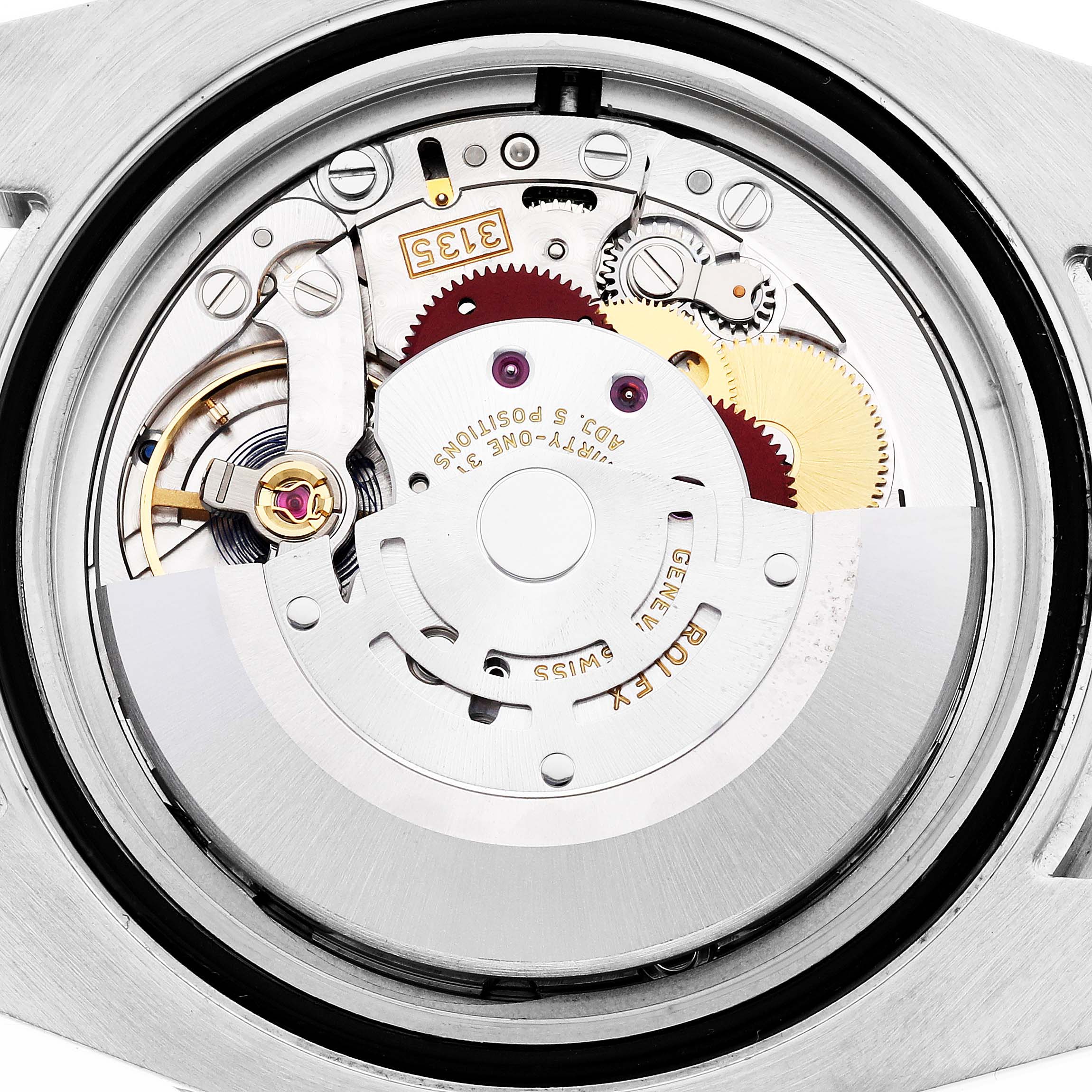 The image shows a close-up of the movement mechanism inside the Rolex Submariner 116610LV Men's Stainless Steel Green Dial 116610LV Men's Stainless Steel Green Dial watch case.