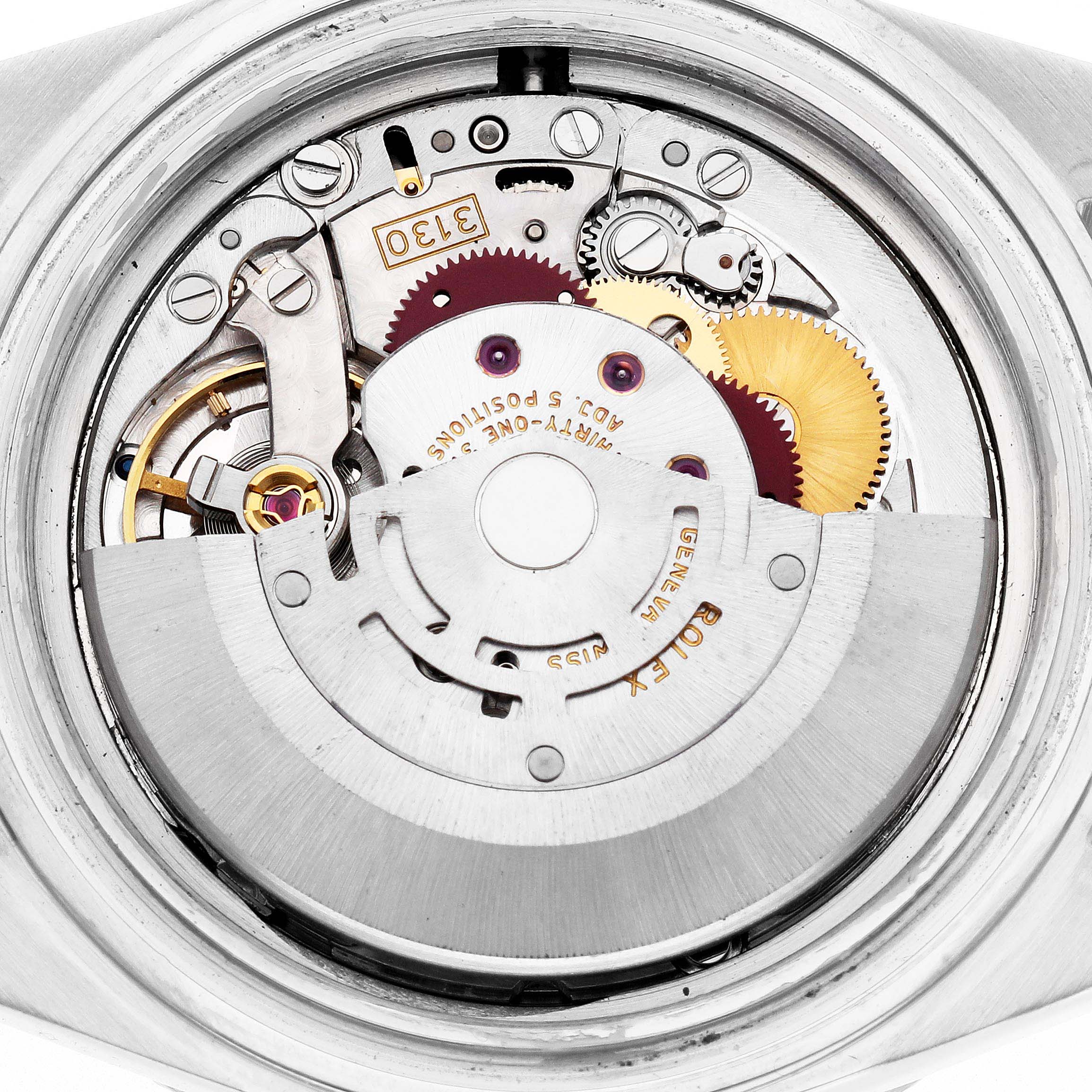The image shows the movement of a Rolex Submariner model 14060 men's watch from the back, highlighting gears and the rotor.