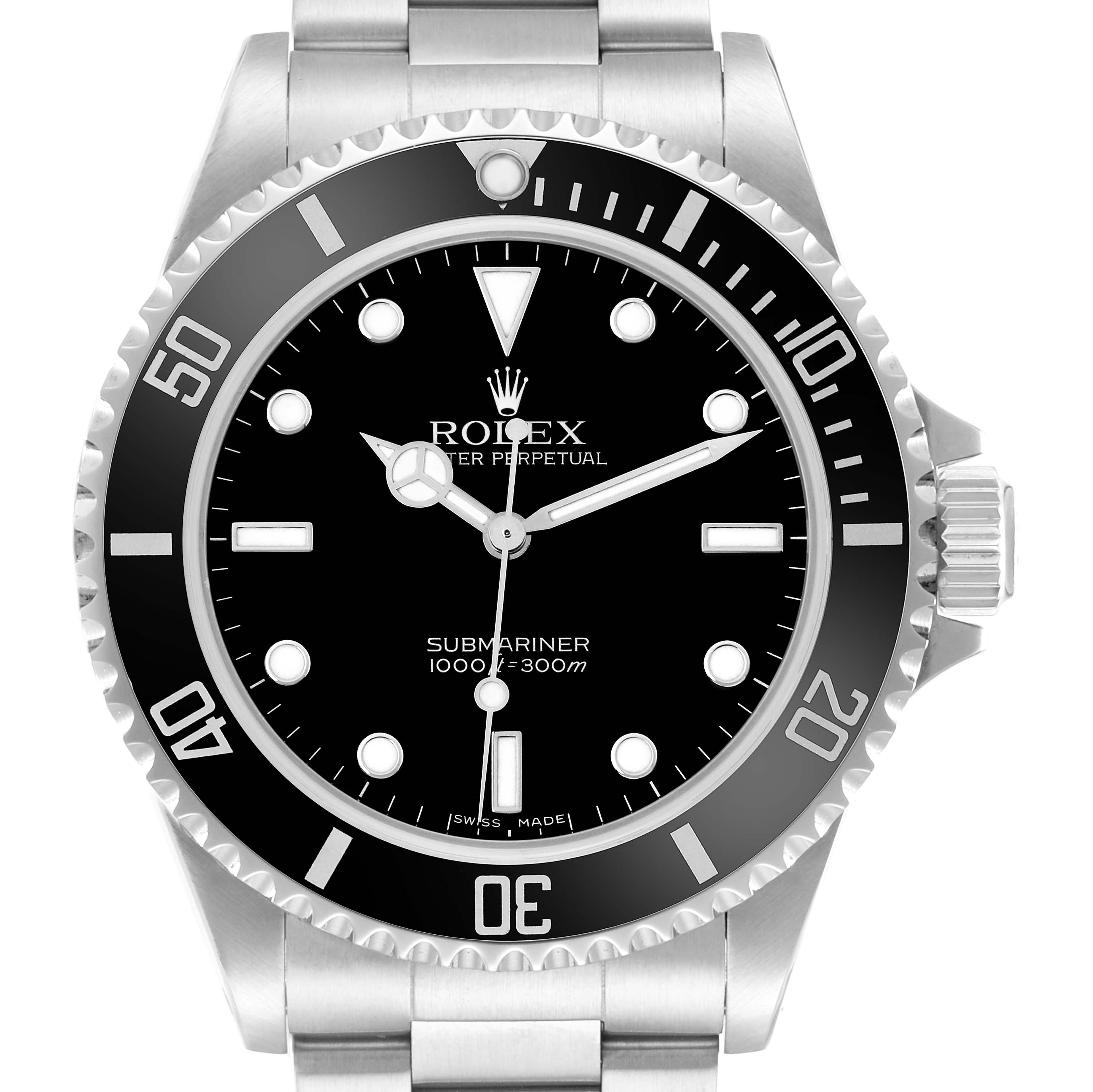 The image shows a frontal view of the Rolex Submariner model 14060, displaying the watch face, bezel, and part of the bracelet.