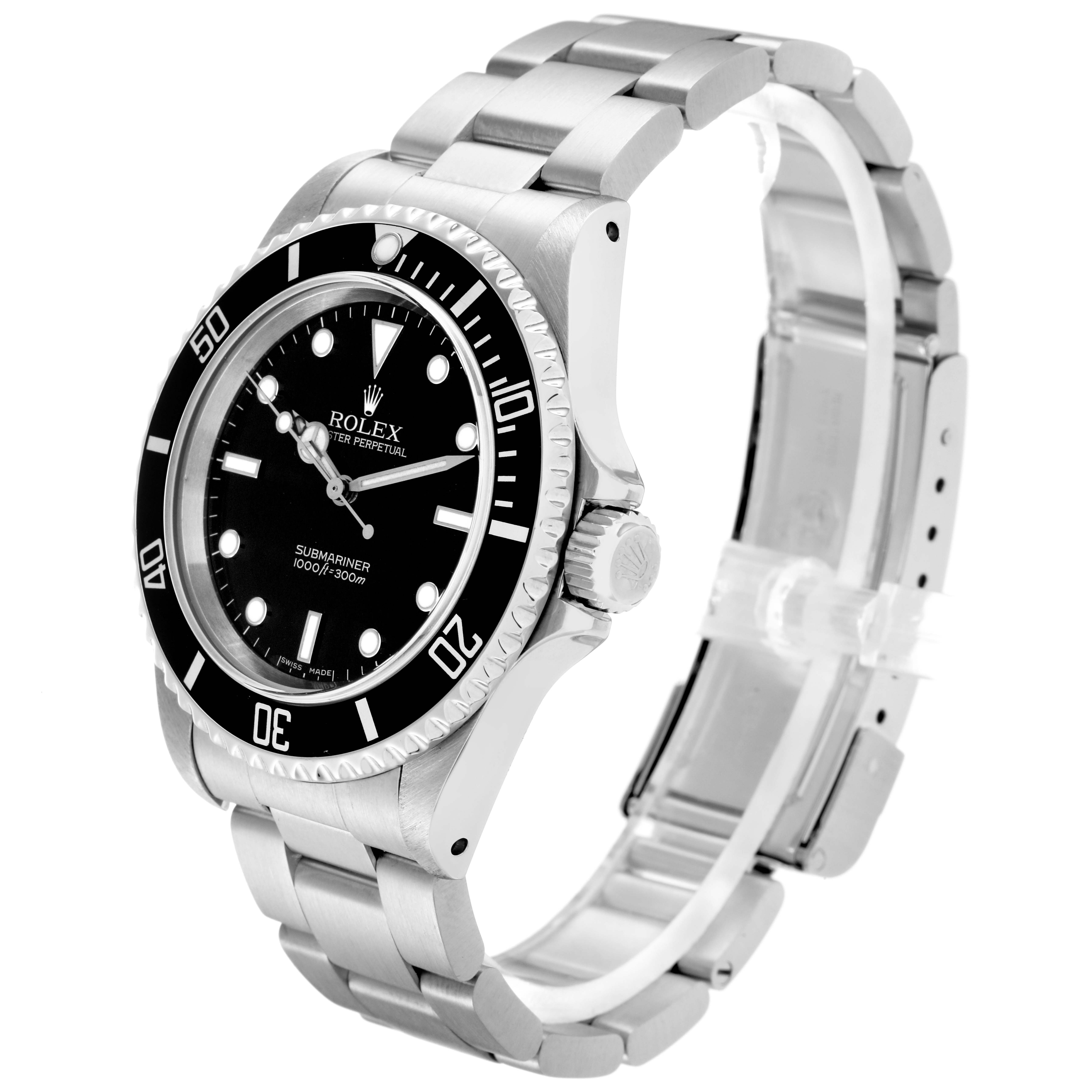 The Rolex Submariner model 14060 is shown at an angled side view, displaying the dial, bezel, crown, and part of the stainless steel bracelet.