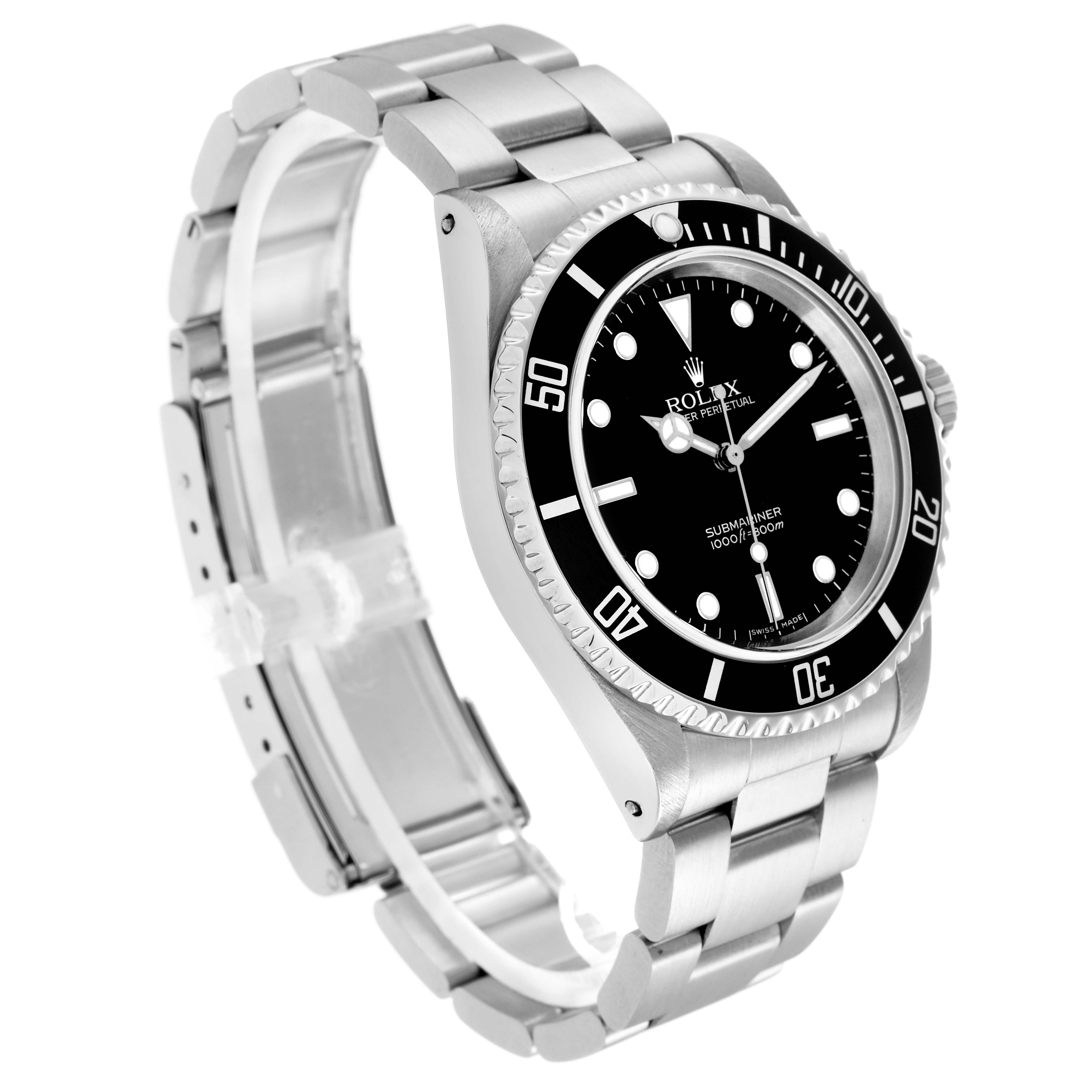 The image shows a Rolex Submariner model 14060 men's watch at a three-quarter angle, highlighting the face, bezel, and partially opened bracelet.