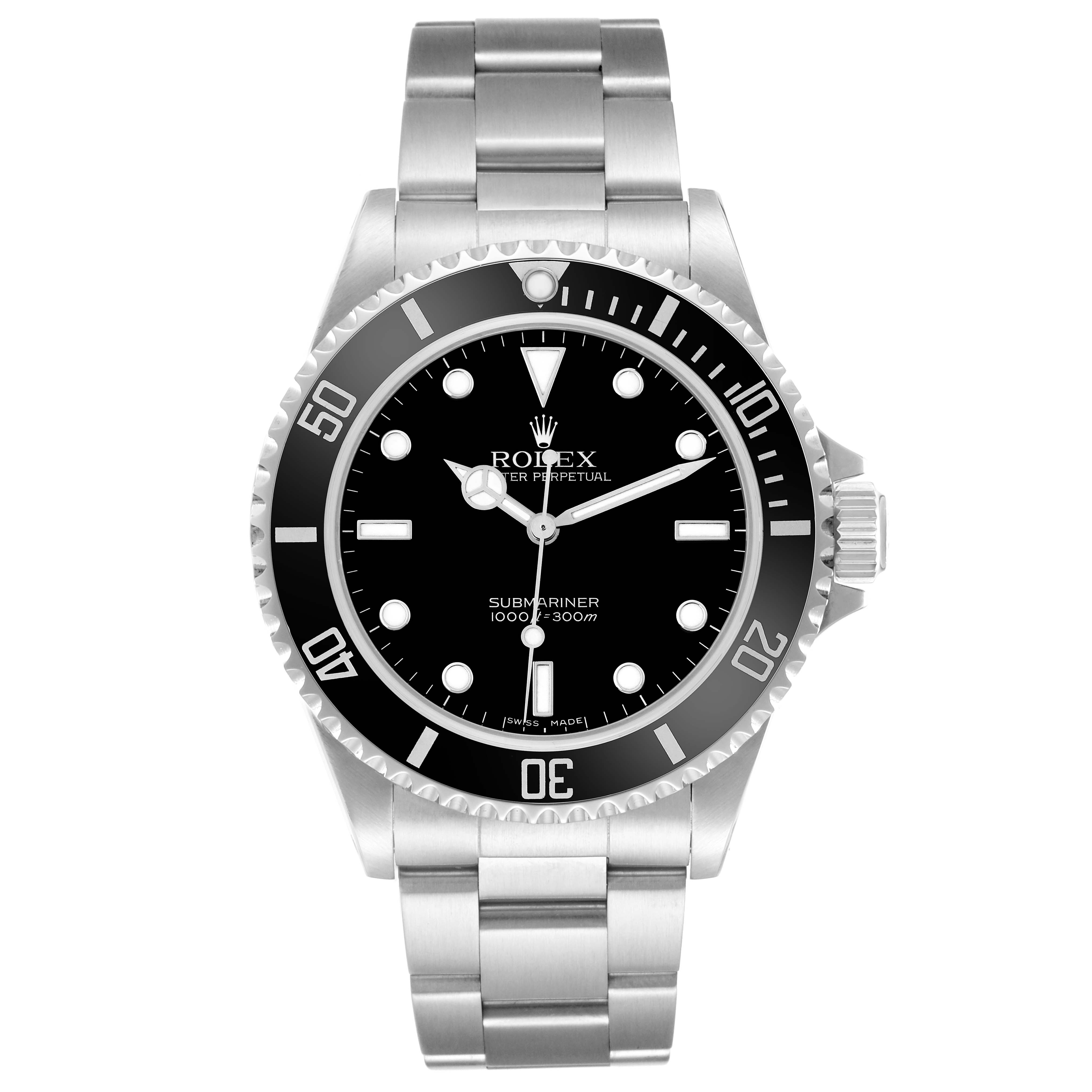 The Rolex Submariner model 14060 men's watch is shown from a front angle, displaying the dial, bezel, bracelet, and crown.