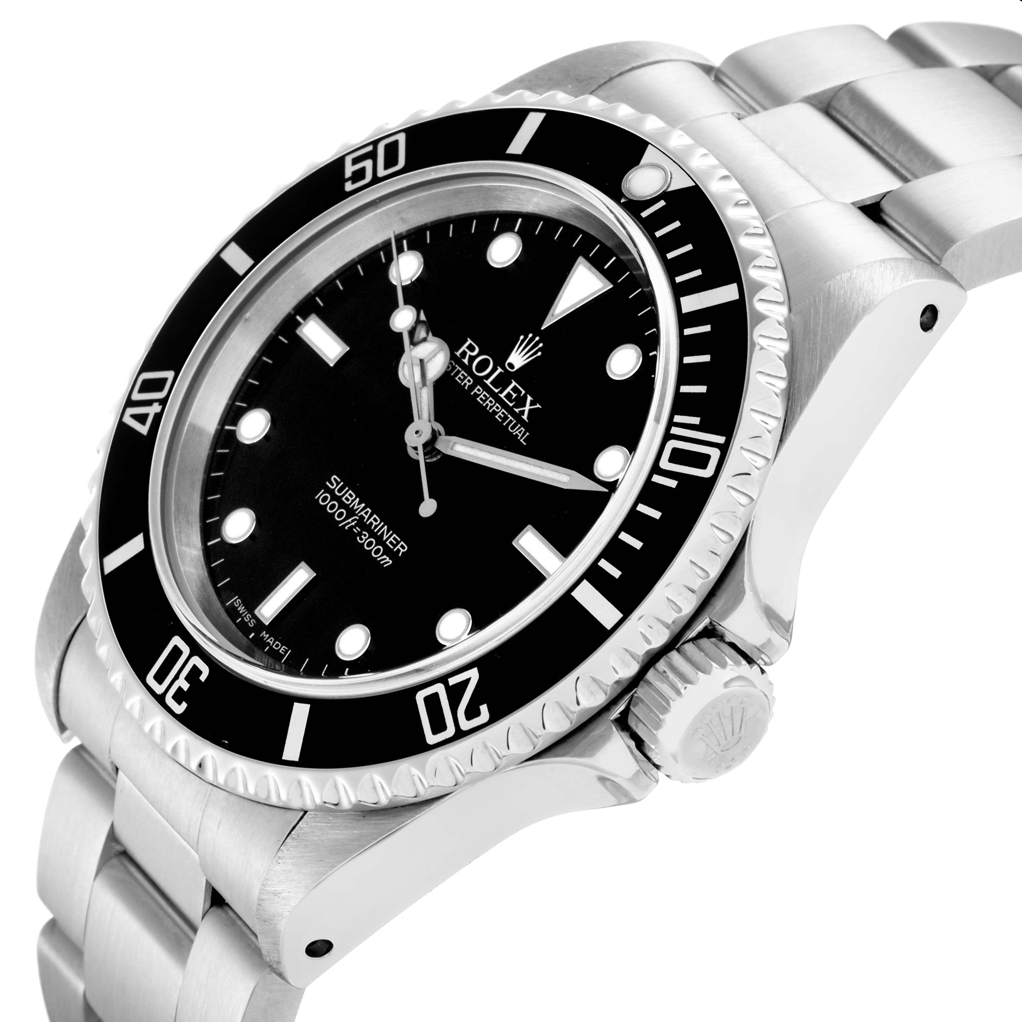 The Rolex Submariner model 14060 is shown from a three-quarter angle, highlighting the dial, bezel, crown, and stainless steel bracelet.