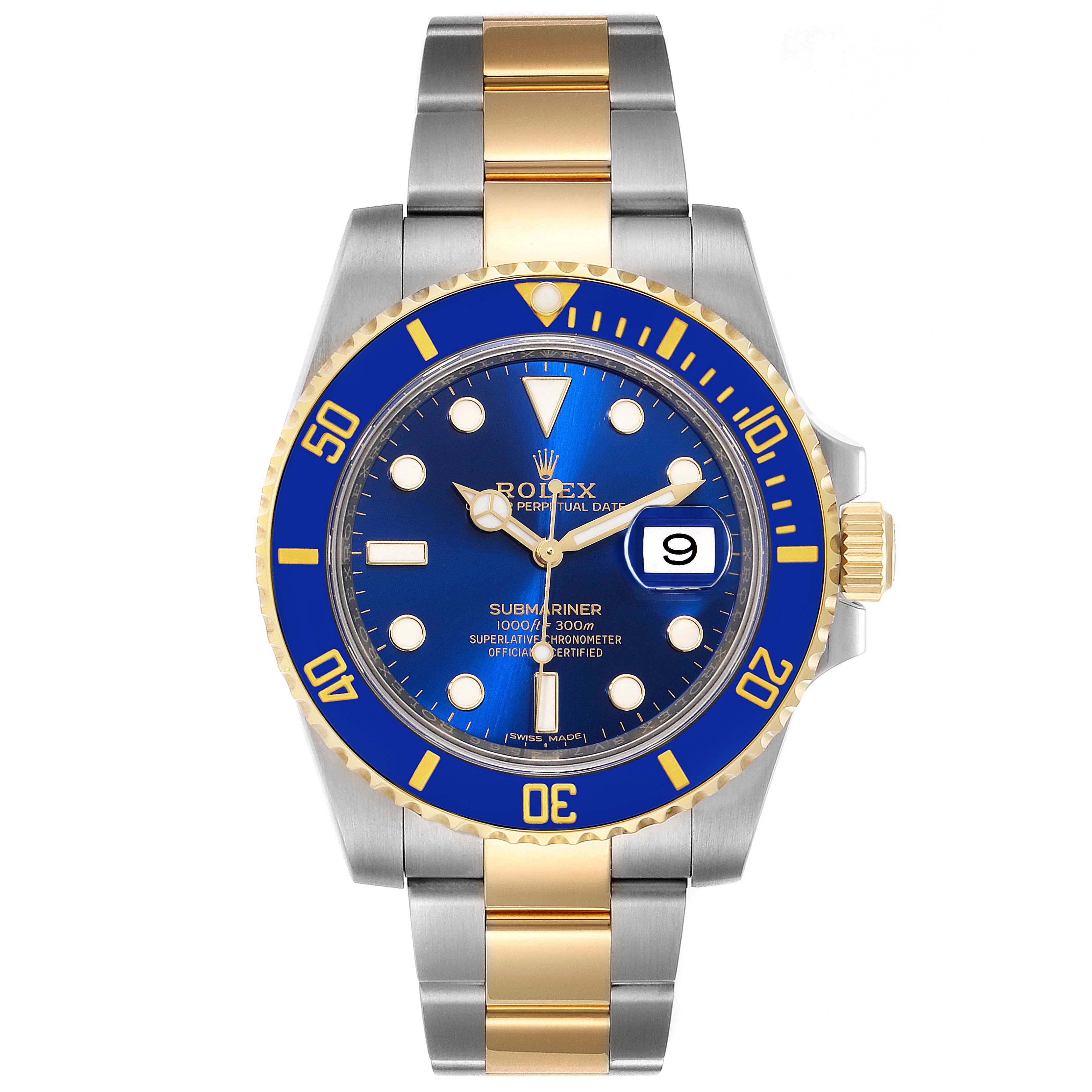 The image shows a front view of a Rolex Submariner 116613 Men's Steel and Gold (two tone) Blue Dial 116613 Men's Steel and Gold (two tone) Blue Dial watch with a blue dial and two-tone bracelet.