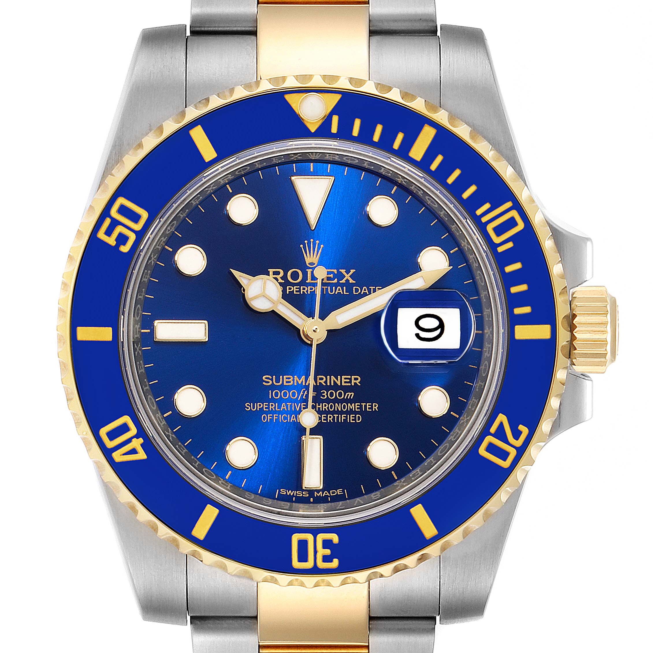 This image shows a front view of a Rolex Submariner 116613 Men's Steel and Gold (two tone) Blue Dial 116613 Men's Steel and Gold (two tone) Blue Dial watch with a blue dial and bezel, gold accents, and a date window.