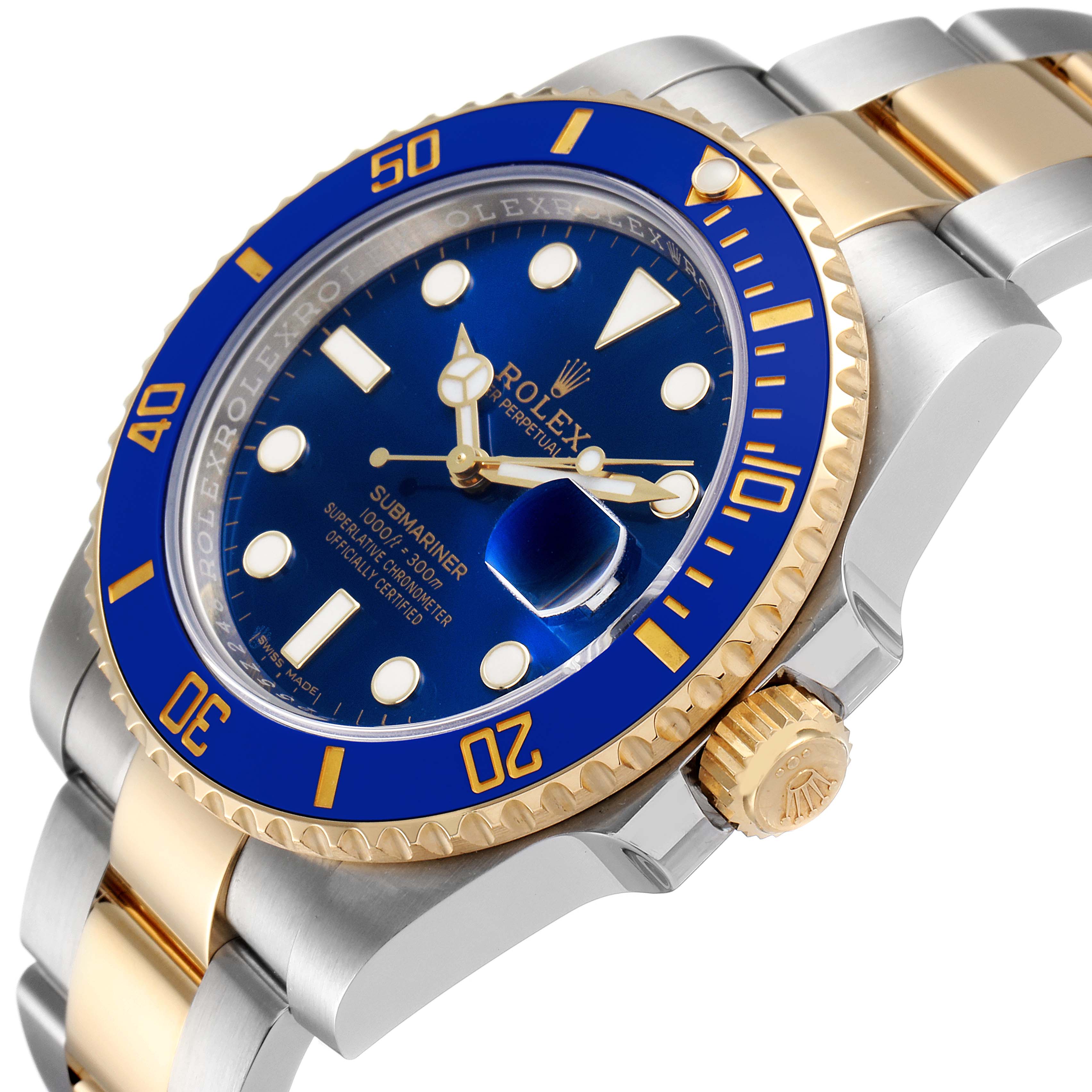 This image shows a close-up, angled view of a Rolex Submariner 116613 Men's Steel and Gold (two tone) Blue Dial 116613 Men's Steel and Gold (two tone) Blue Dial watch highlighting the blue dial, bezel, and gold crown.