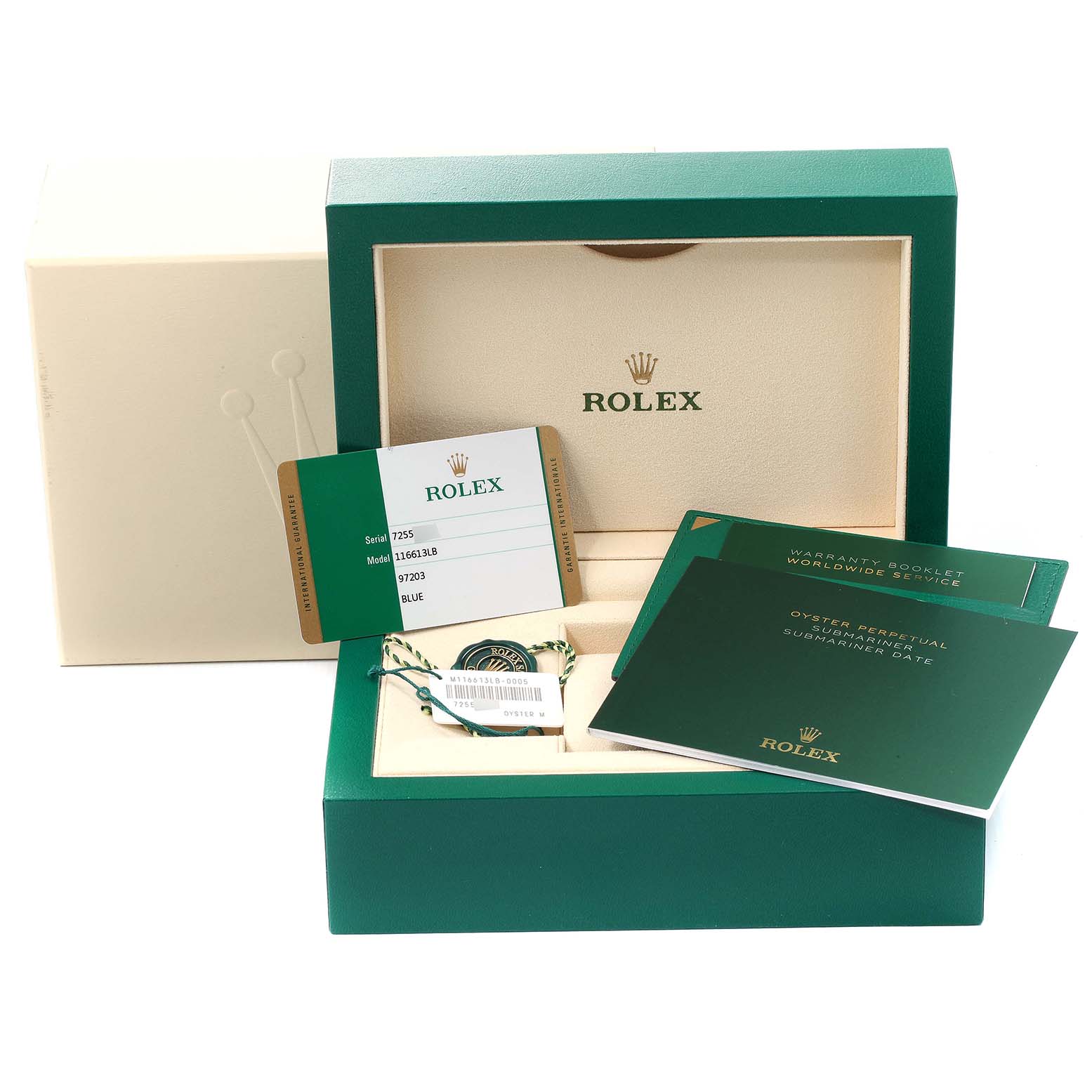 The image shows the Rolex Submariner 116613 Men's Steel and Gold (two tone) Blue Dial 116613 Men's Steel and Gold (two tone) Blue Dial packaging with warranty booklet, tags, and authentication card.