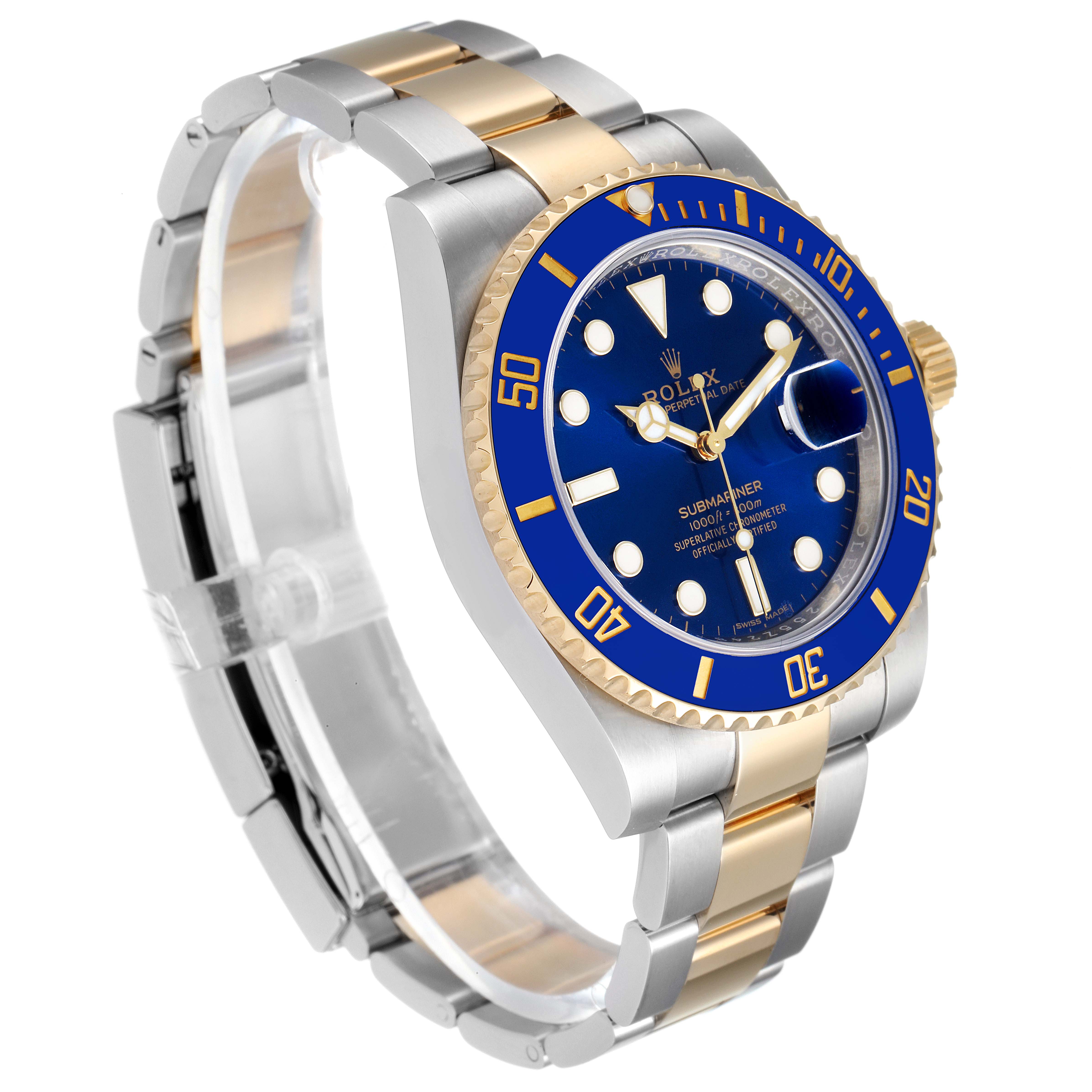 The image showcases the side angle of a Rolex Submariner 116613 Men's Steel and Gold (two tone) Blue Dial 116613 Men's Steel and Gold (two tone) Blue Dial watch, displaying its band, bezel, crown, and dial.
