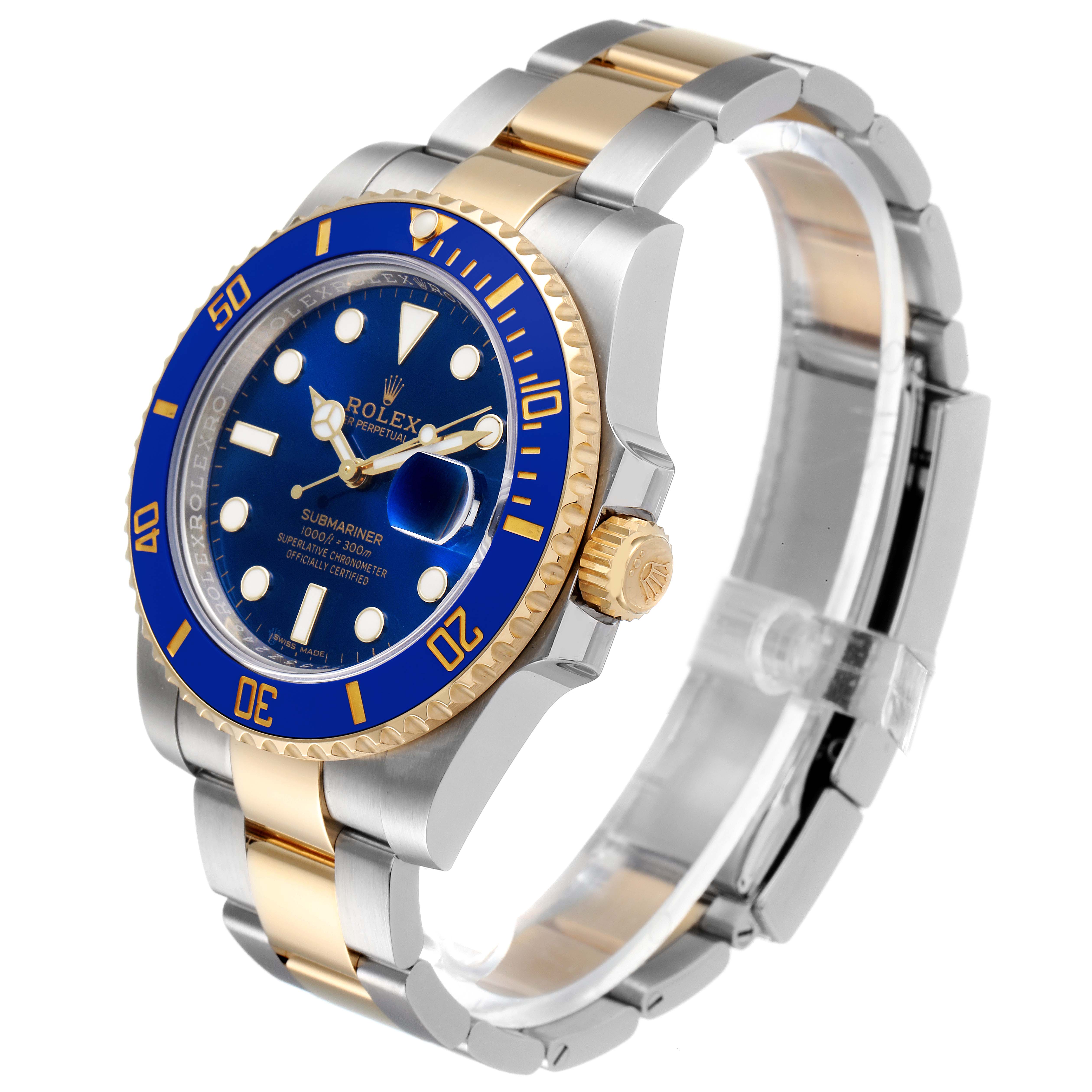 The image displays a Rolex Submariner 116613 Men's Steel and Gold (two tone) Blue Dial 116613 Men's Steel and Gold (two tone) Blue Dial watch at an angled view, highlighting its blue dial, bezel, and two-tone bracelet.