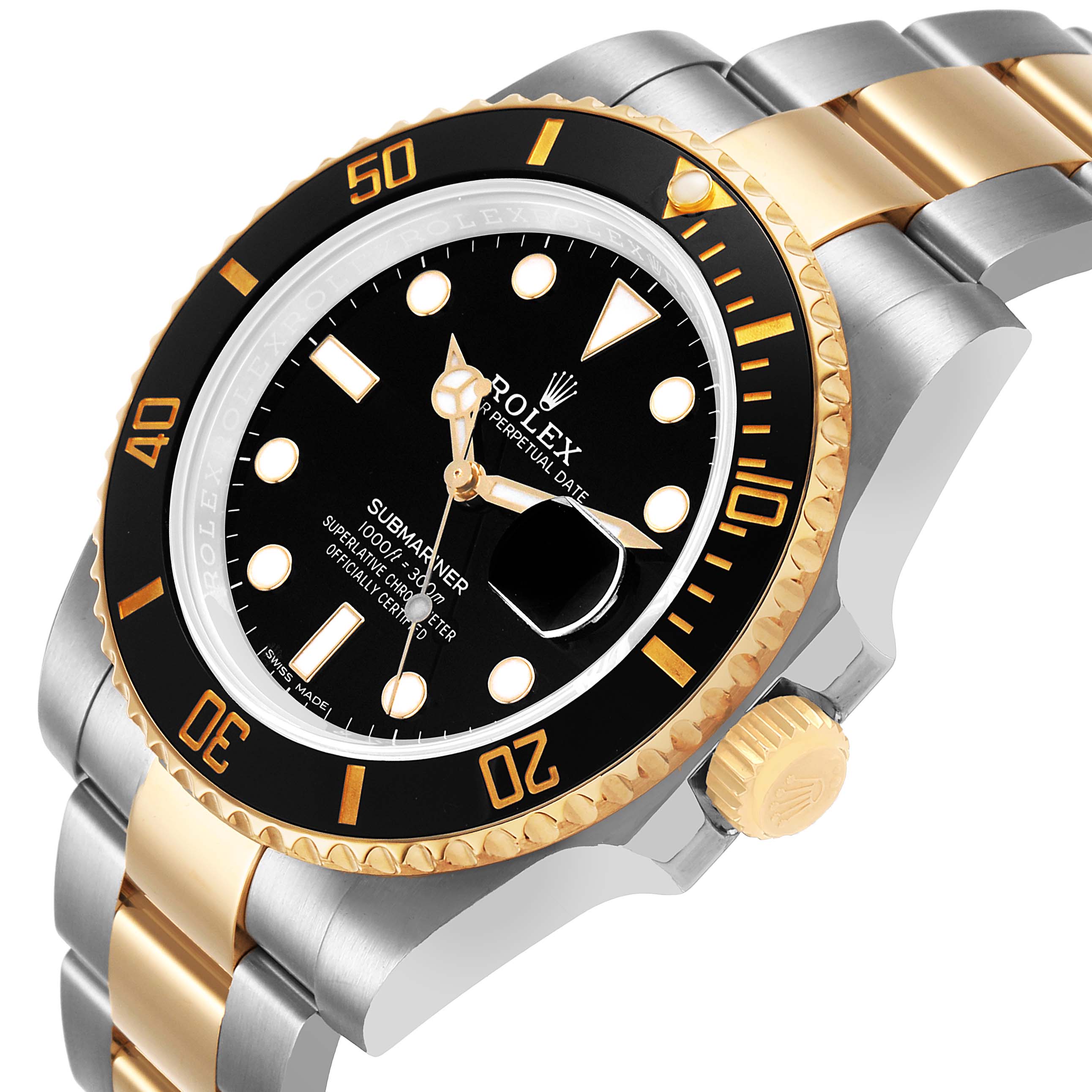 The Rolex Submariner 116613 Men's Steel and Gold (two tone) Black Dial watch is shown from an angled front view, highlighting its black dial, gold and silver bracelet, and gold bezel.