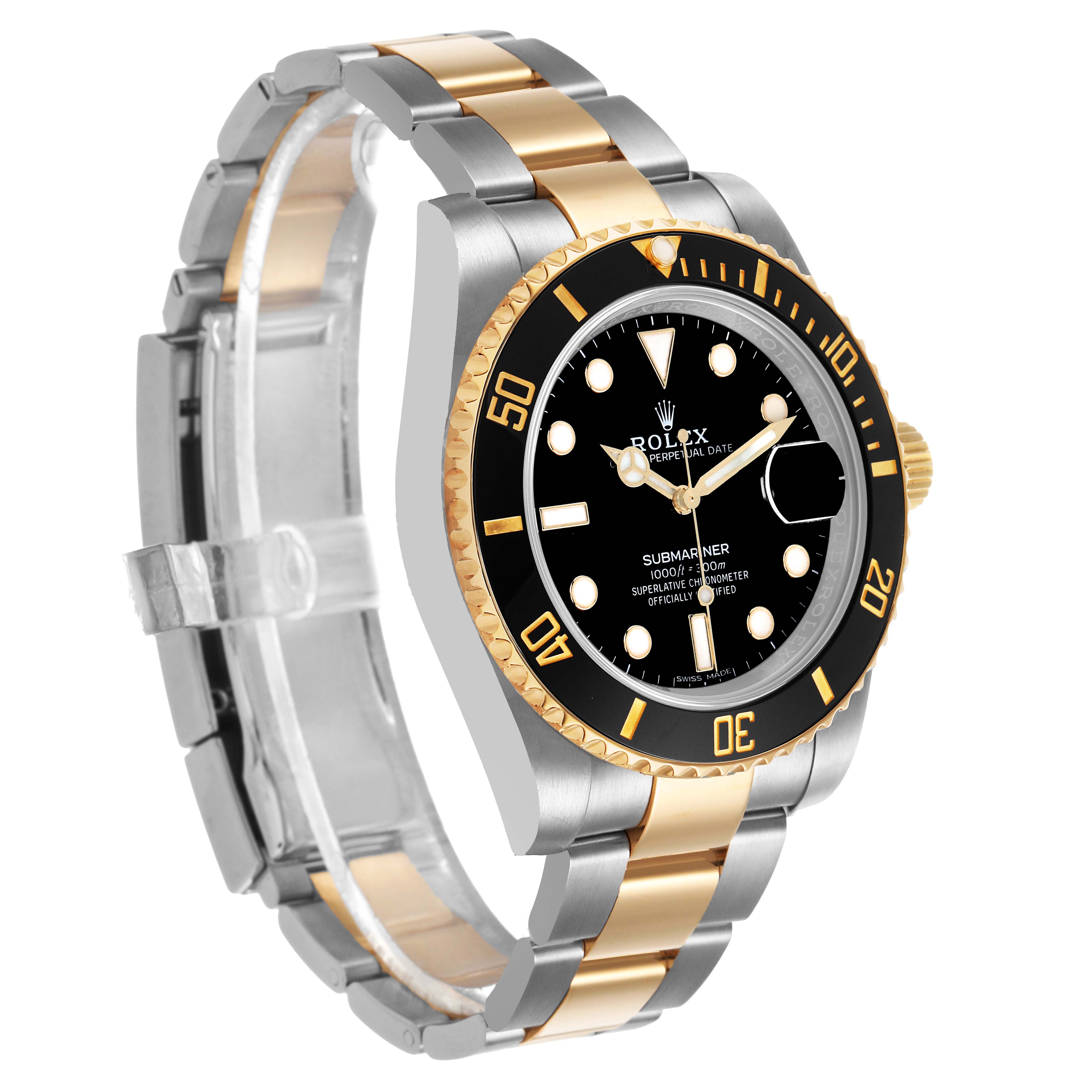 The Rolex Submariner 116613 Men's Steel and Gold (two tone) Black Dial watch is shown at a slight angle, highlighting its black dial, gold and silver bracelet, and bezel.