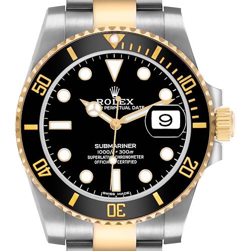 The Rolex Submariner 116613 Men's Steel and Gold (two tone) Black Dial watch is shown from the front, displaying the dial, hands, bezel, and part of the bracelet.
