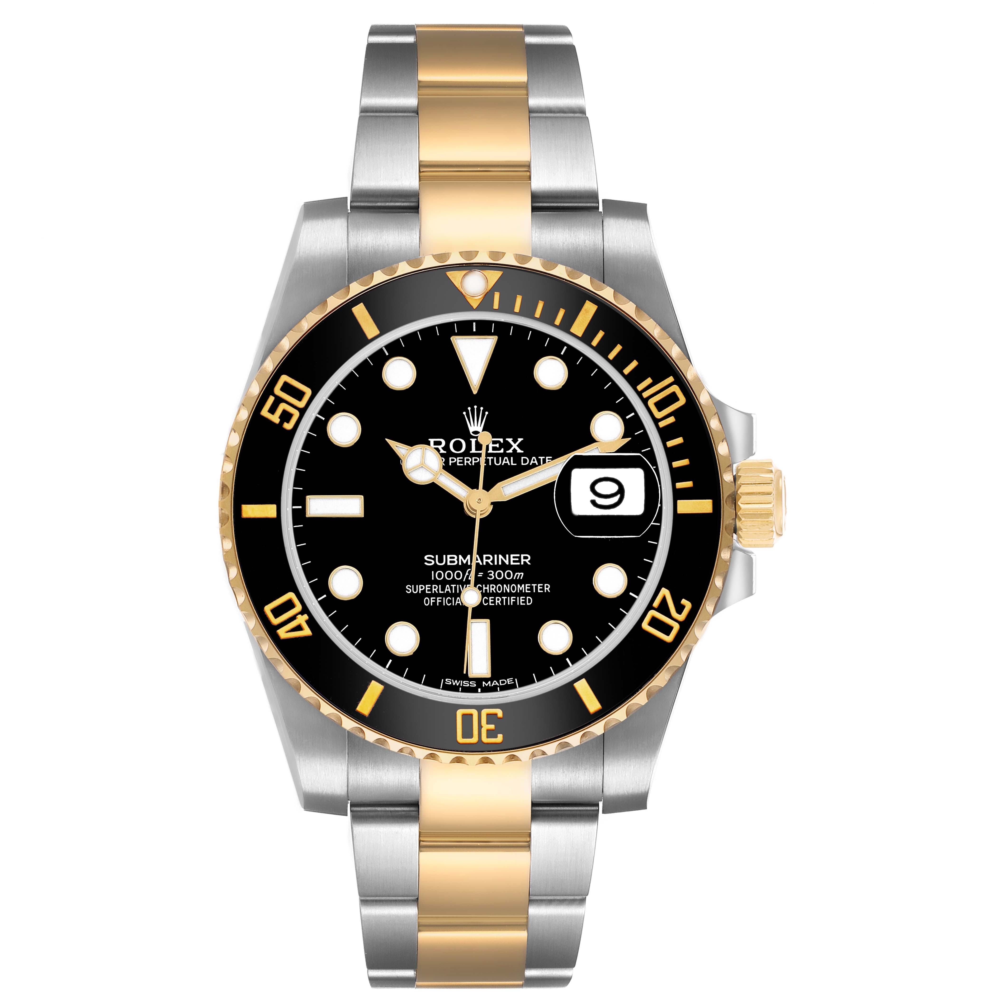 The image shows a front view of the Rolex Submariner 116613 Men's Steel and Gold (two tone) Black Dial, highlighting its two-tone bracelet, black dial, and unidirectional bezel.
