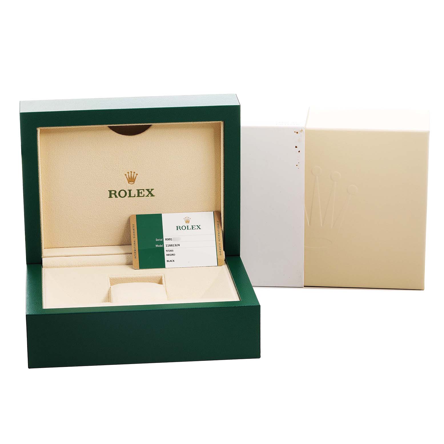 The image shows a Rolex Submariner 116613 Men's Steel and Gold (two tone) Black Dial box, opened to reveal inner compartments and a warranty card.